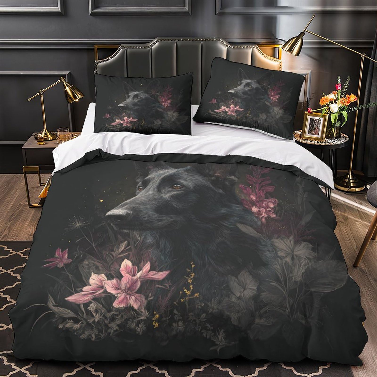 Linge de lit chien noir imprimé 3D pour une chambre cosy et moderne