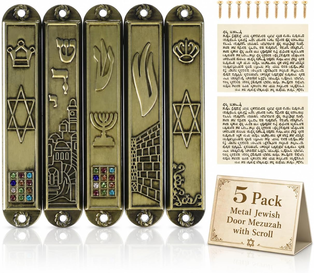 SHINEOFI 5 Pack Metal Jewish Door Mezuzah with Scroll, Vintage Mezuzahs Case Set Easy Install Jewish Home Blessing Religious Decor for Indoor and Outdoor House Warming Blessing