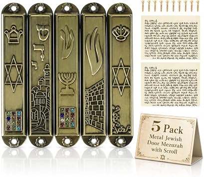 SHINEOFI 5 Pack Metal Jewish Door Mezuzah with Scroll, Vintage Mezuzahs Case Set Easy Install Jewish Home Blessing Religious Decor for Indoor and Outdoor House Warming Blessing