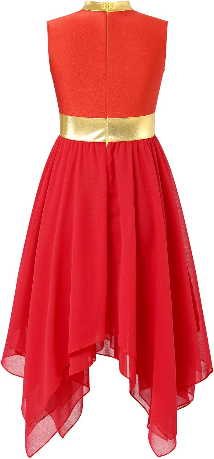 Kids Girls Liturgical Praise Dance Dress Metallic Color Block Sleeveless Asymmetrical Tunic Worship Church Robe