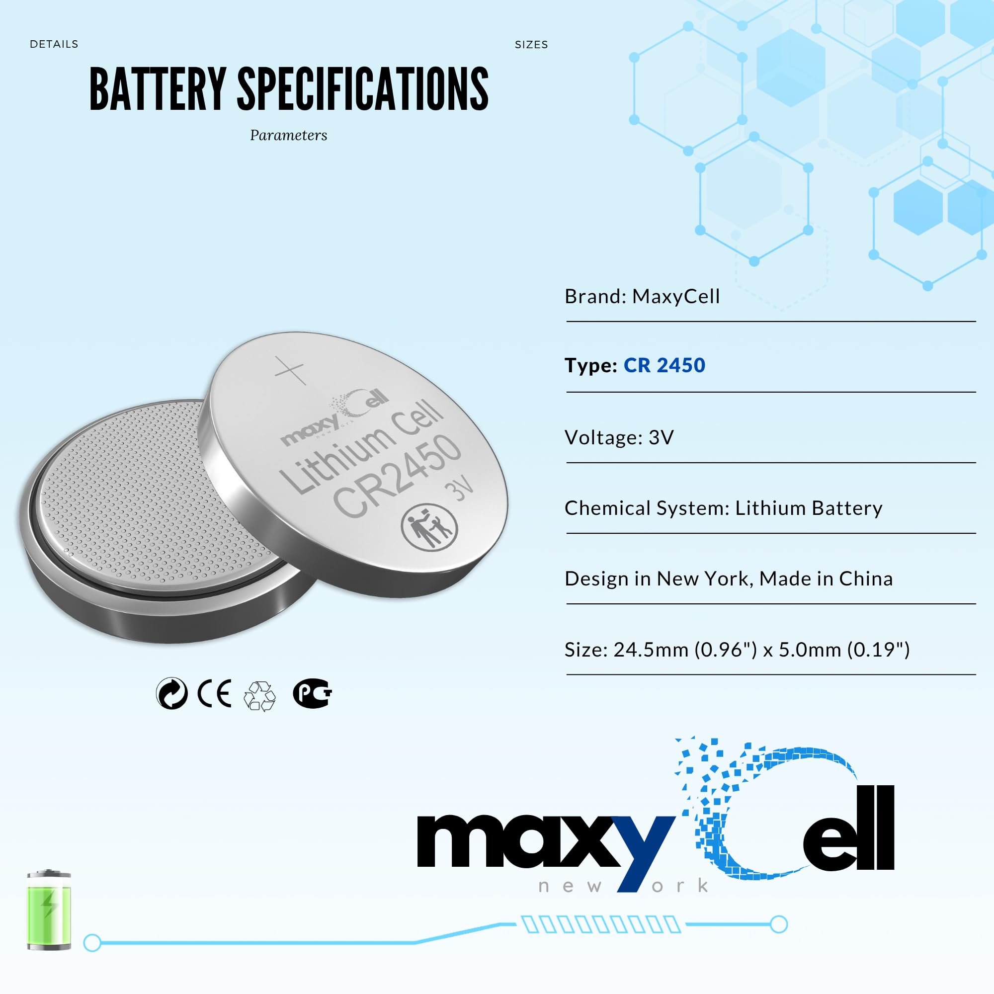 2450 CR2450 - Batteria a bottone al litio, 3 V, ad alta capacità, lunga durata, affidabile per orologi, portachiavi, fitness tracker, dispositivi medici, termometri, design a prova di perdite