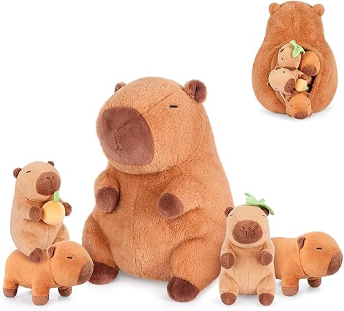 Peluches Capybara 5 en 1 con bebés en el interior, juego de 5 piezas de peluche Capybara con mamá y 4 bebés, decoración de juguete suave, lindos
