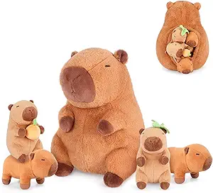 5-in-1 Capybara Stuffed Animals with Babies Inside, 5PC Set Capybara Plush with Mommy & 4 Babies, Soft Toy Decor, Cute 3 to 8 Year Old Girl Boy Gifts, Imaginative Play Toy(Capibara)