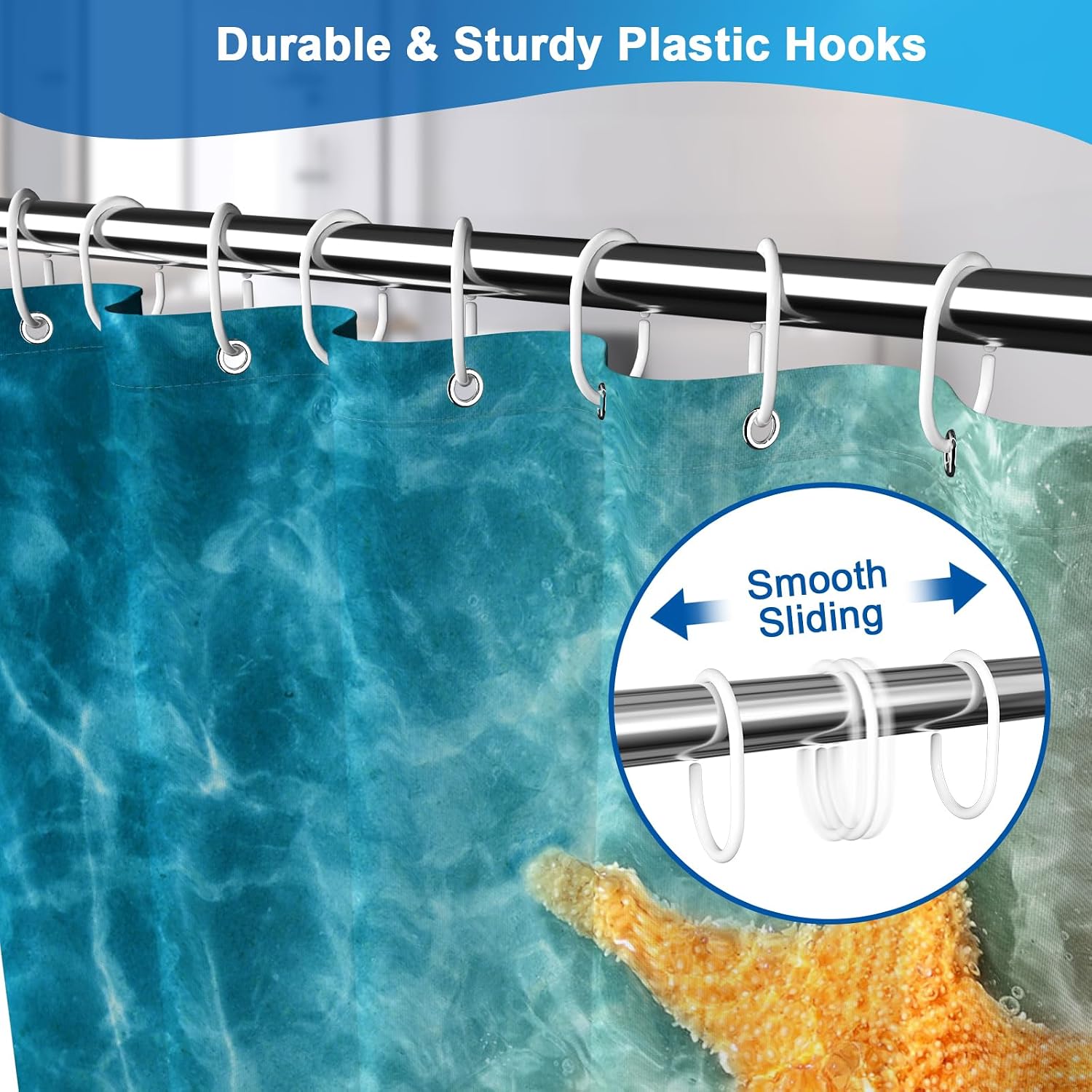 Summer Beach Shower Curtain Set with 12 Hooks and Grommets, Waterproof Coastal Starfish Ocean Shower Curtain with Weighted Bottom, Machine Washable Fabric Shower Curtains, 72x72 Inches