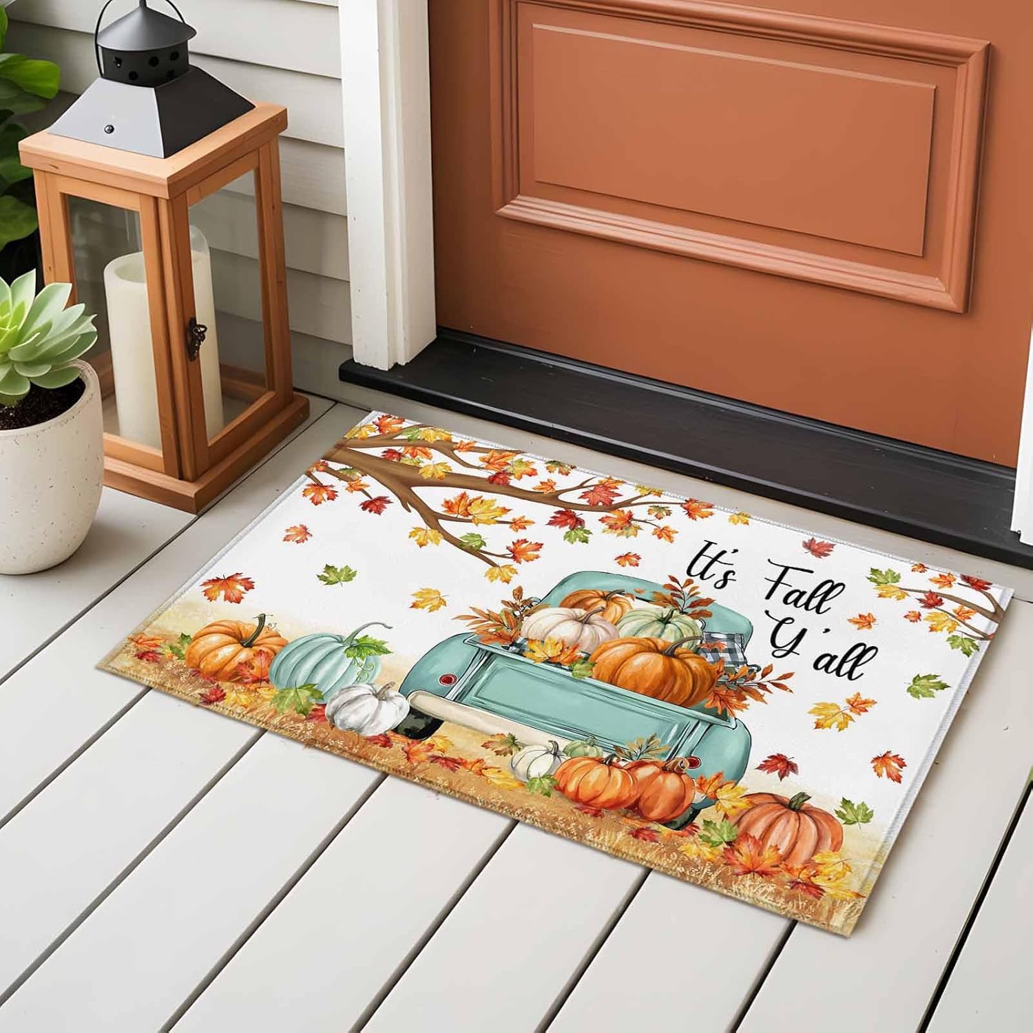 Thanksgiving Entryway Area Rug 2'x3', Farmhouse Fall Truck Maple Leaf Pumpkin Indoor Door Mat Non Slip Kitchen Rug Runner, Washable Small Floor Mat Carpet for Bathroom