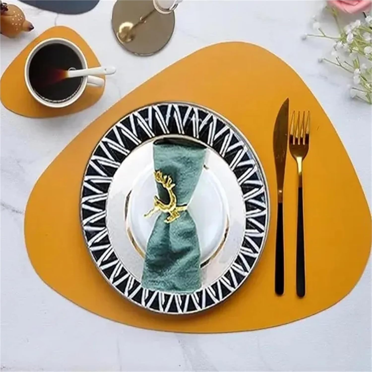 Round Table Placemats Sets Triangle Oval Place Mats Shaped PU Faux Leather Tableware Pad Kitchen Accessories Orange(CD Black,10sets)