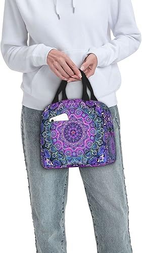 Miniatura 7 de Bolsa de almuerzo con aislamiento floral retro con mandala azul bohemio para mujeres y hombres, reutilizable, duradera, impermeable, bolsa térmica