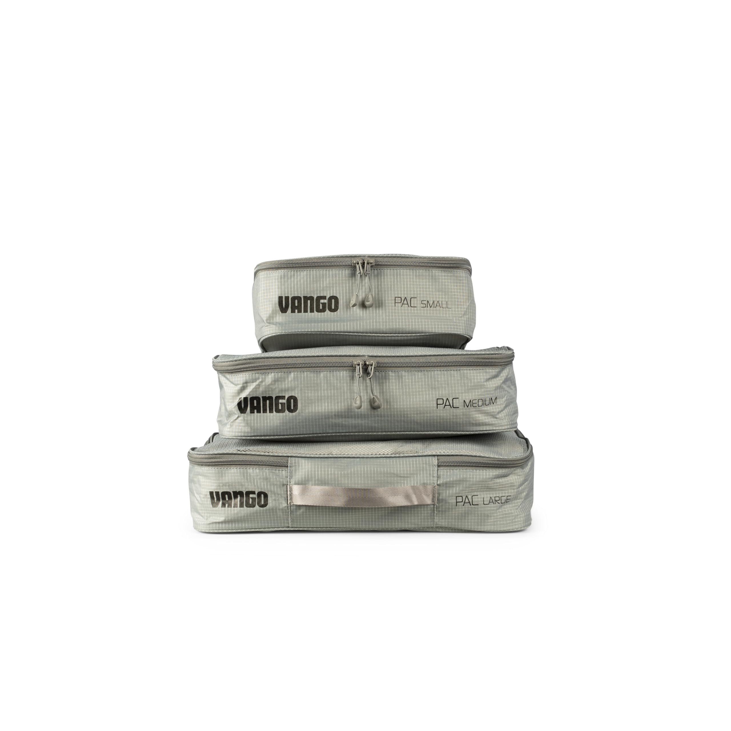 Vango Pac Cubes Packing Set – 3-Piece Camping Storage & Travel Organiser Bags, Lightweight 200D Ripstop Nylon, Small Medium Large Compression Cubes (Grey)