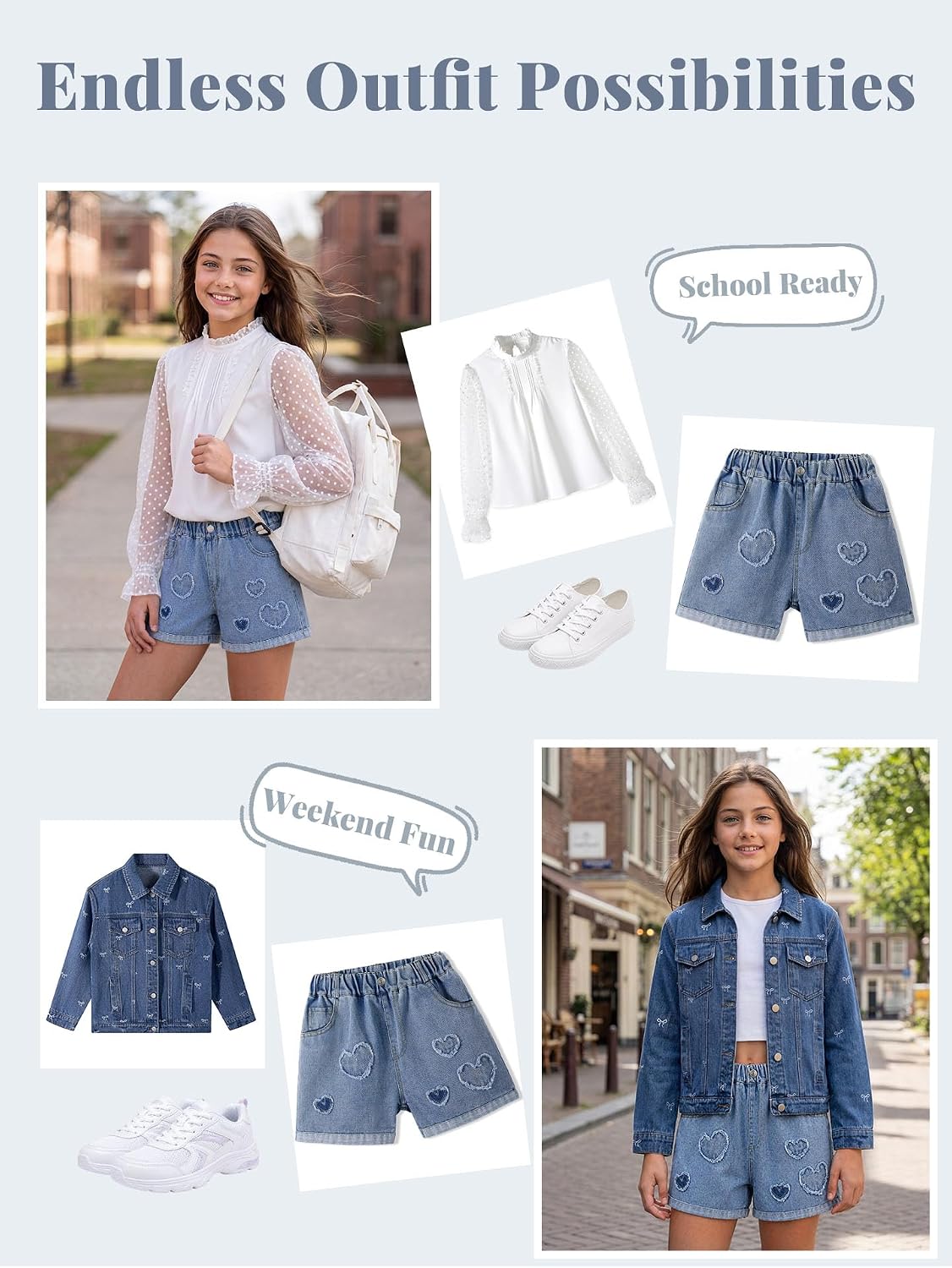 Rolanko Girls Jean Shorts Wide Leg Baggy Denim Shorts Elastic Waist Kids Shorty Summer Short with Pocket 6-14 Years