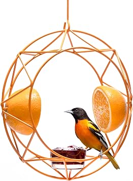 MEKKAPRO Baltimore Oriole Feeder, Jelly and Orange Metal, Sun Design Steel | Unique Sun Design And Bright Color With Jelly And Orange Cups, Open Top Hook, Uv-resistant Powder-coated Steel Construction