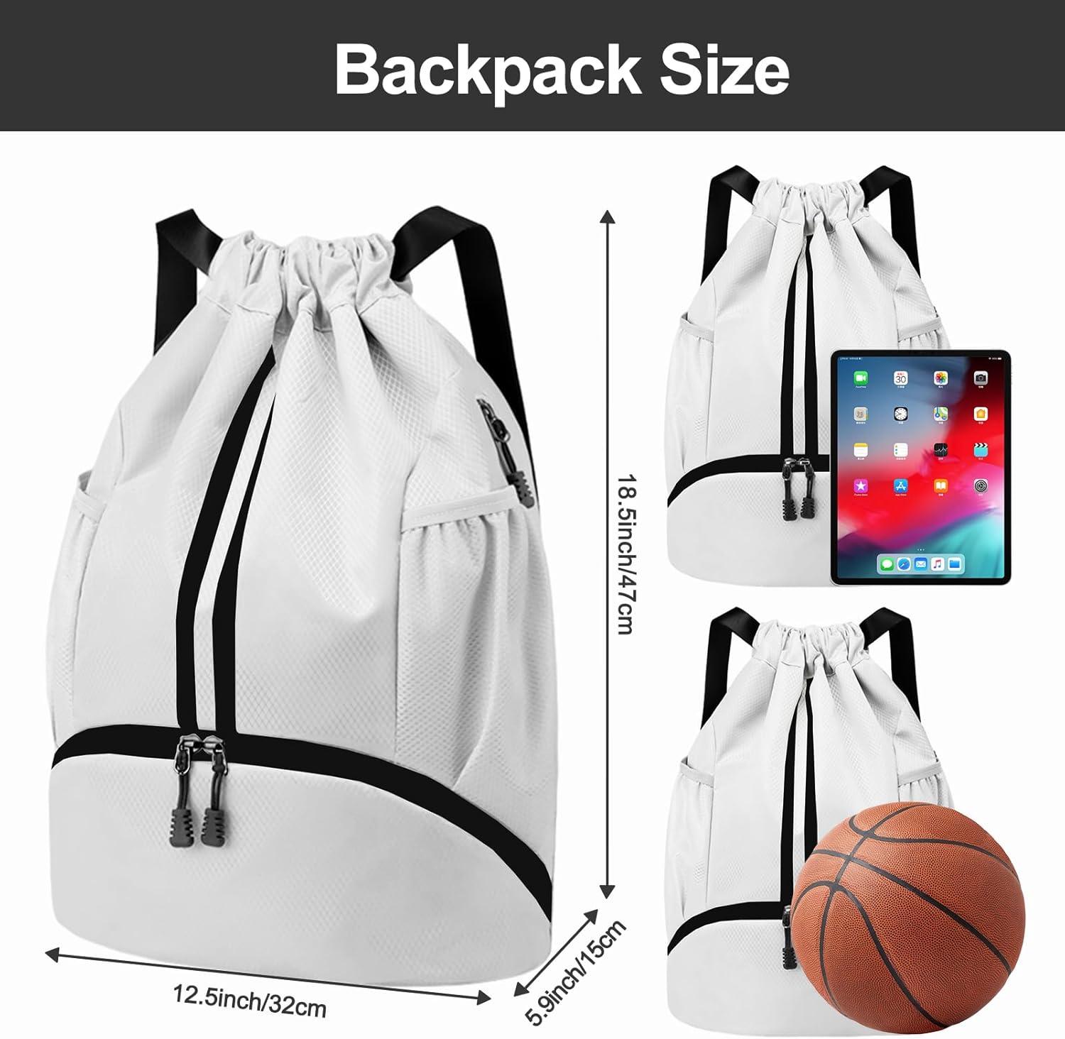 Hoedia Sports Drawstring Backpack - String Swim Gym Bag with Shoes Compartment and Wet Proof Pocket for Women/Men (White)