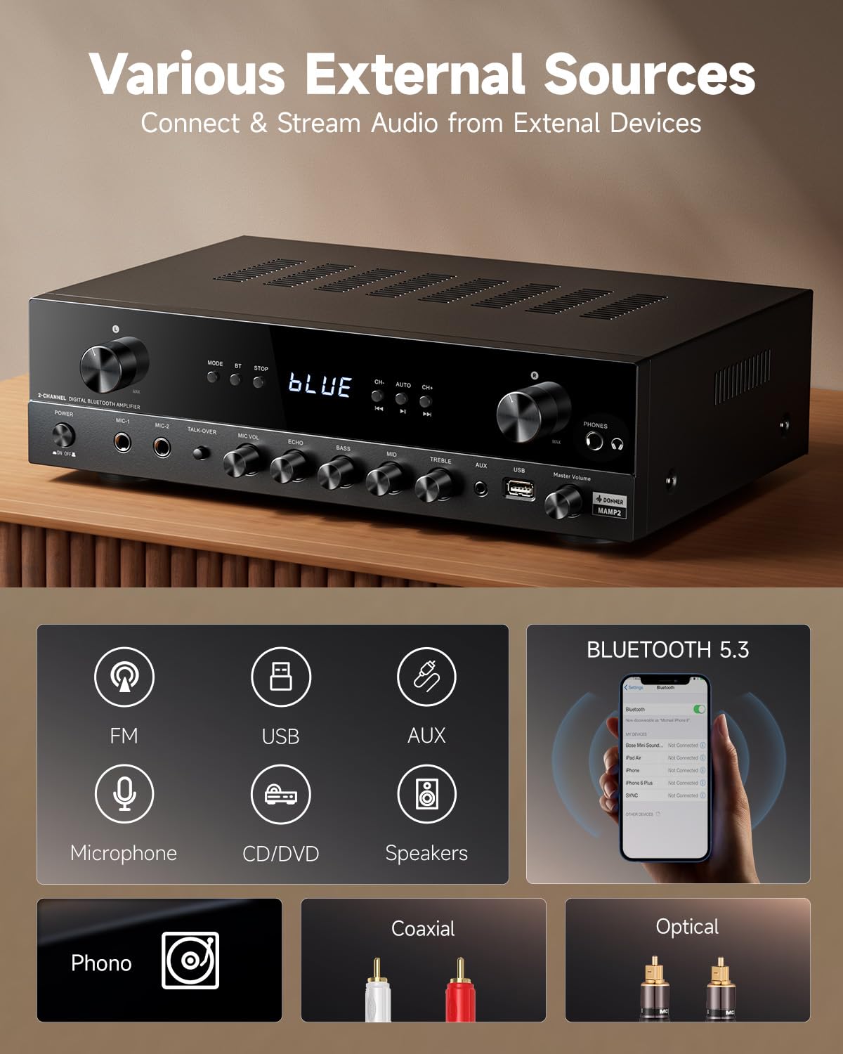 Donner Stereo Verstärker 600 W Peak 2-Kanal-Receiver Bluetooth 5.3 Phono Optisch Koaxial USB FM 2 Mikrofoneingänge Aux Cinch