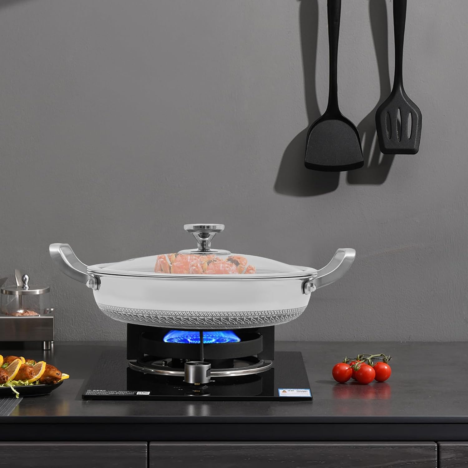 3PCS Stainless Steel Paella Pan with Lid,12" 13" 14" Non Stick Skillets and Frying Pans, Cooking Pan Compatible with Induction, Gas & Electric Stoves, Honeycomb Design