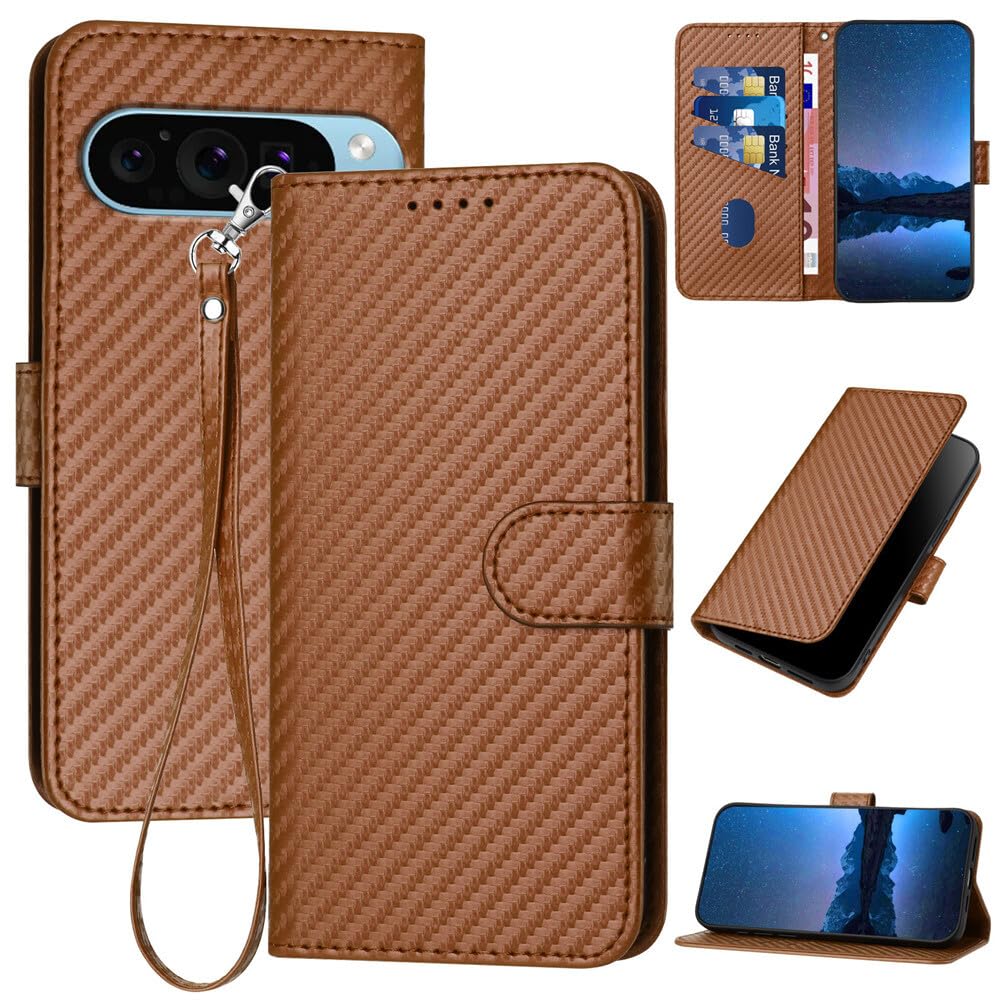 Étui Google Pixel 6A marron avec portefeuille et clapet protection carbone - 8