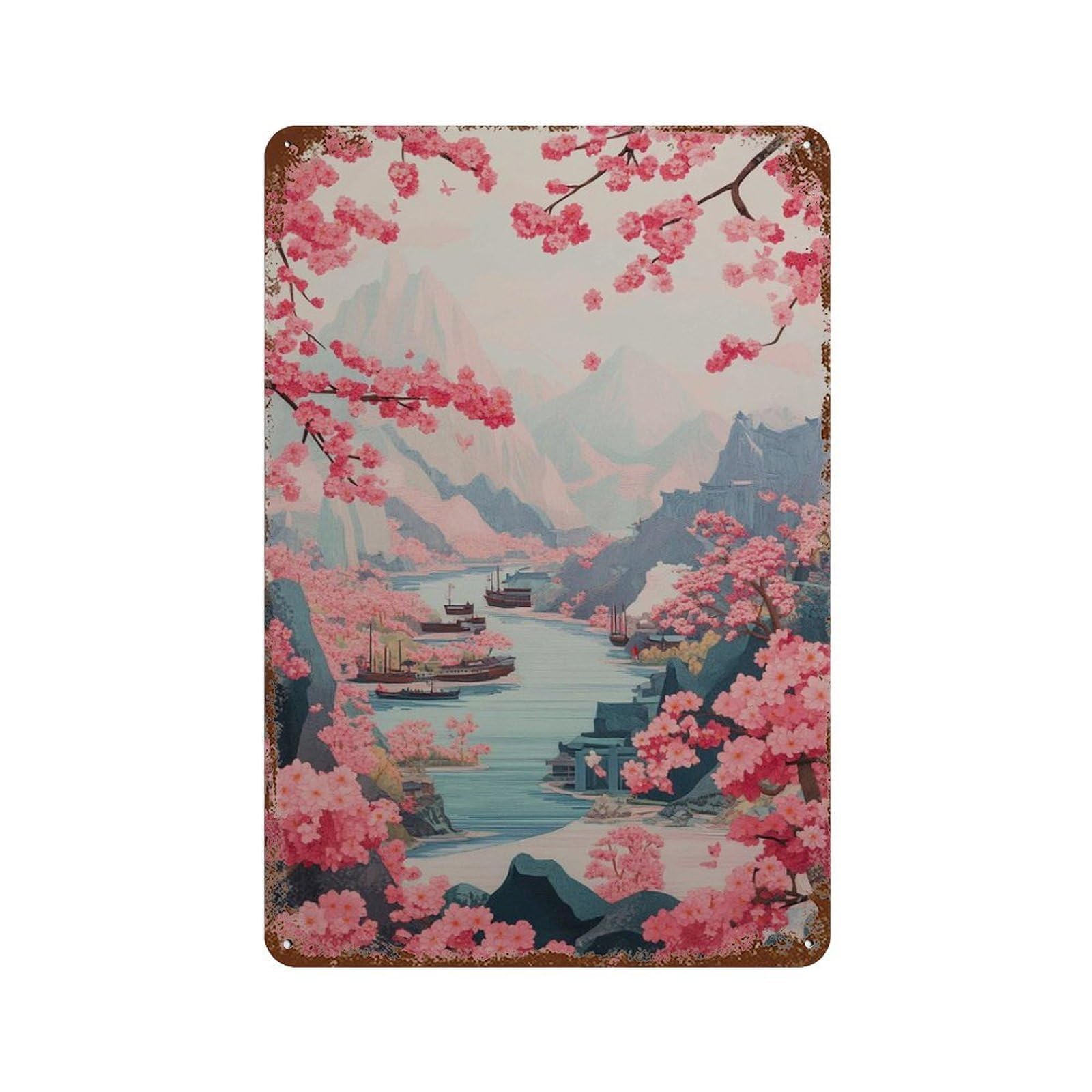xiaoxiaoshen Cherry Blossom River Japanese Landscape Tranquil Sakura Valley Wall Decor Art Metal Tin Poster Modern Home Decor Art Home Bar Shop Decorations Vintage Sign 30x20cm
