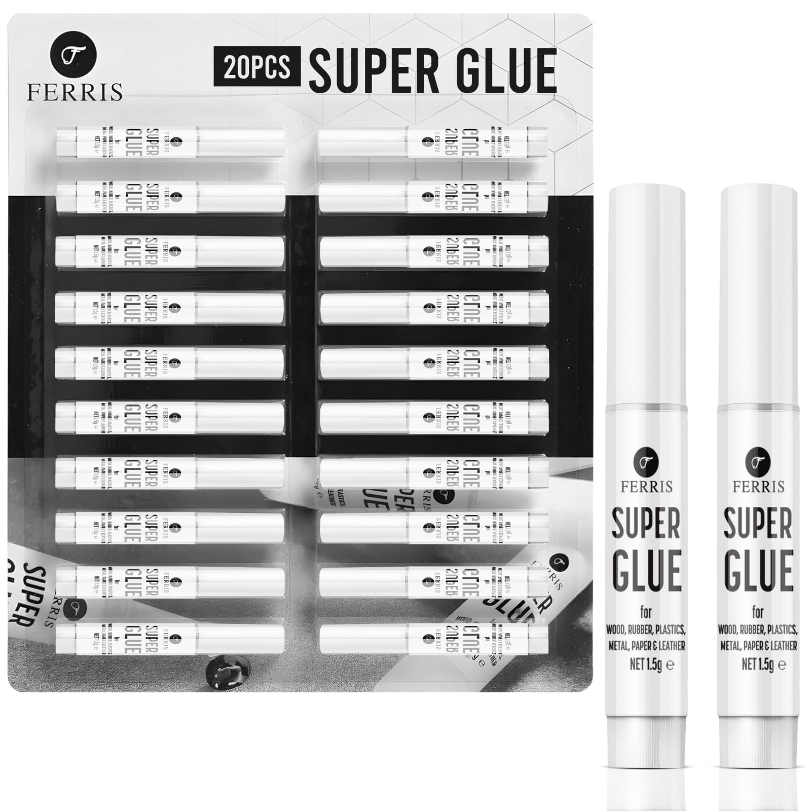 Super Glue 20 Pack – Extra Strong Fast-Dry Formula, 10-Second Cure, 1.5g Tubes – Multi-Purpose Cyanoacrylate Adhesive for Wood, Plastic, Ceramic, Rubber & DIY Crafts