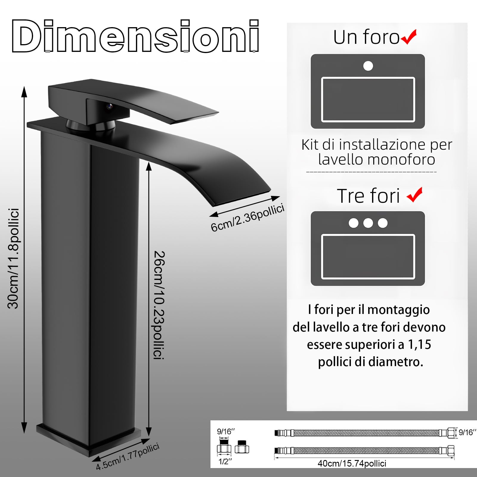 VOLTIX Rubinetto per Bagno a Cascata - Miscelatore Monocomando per Lavabo con Risparmio Idrico - Regolabile per Acqua Calda e Fredda - Rubinetto Lavabo Moderno Design Elegante per Bagno (Nero/Alto)