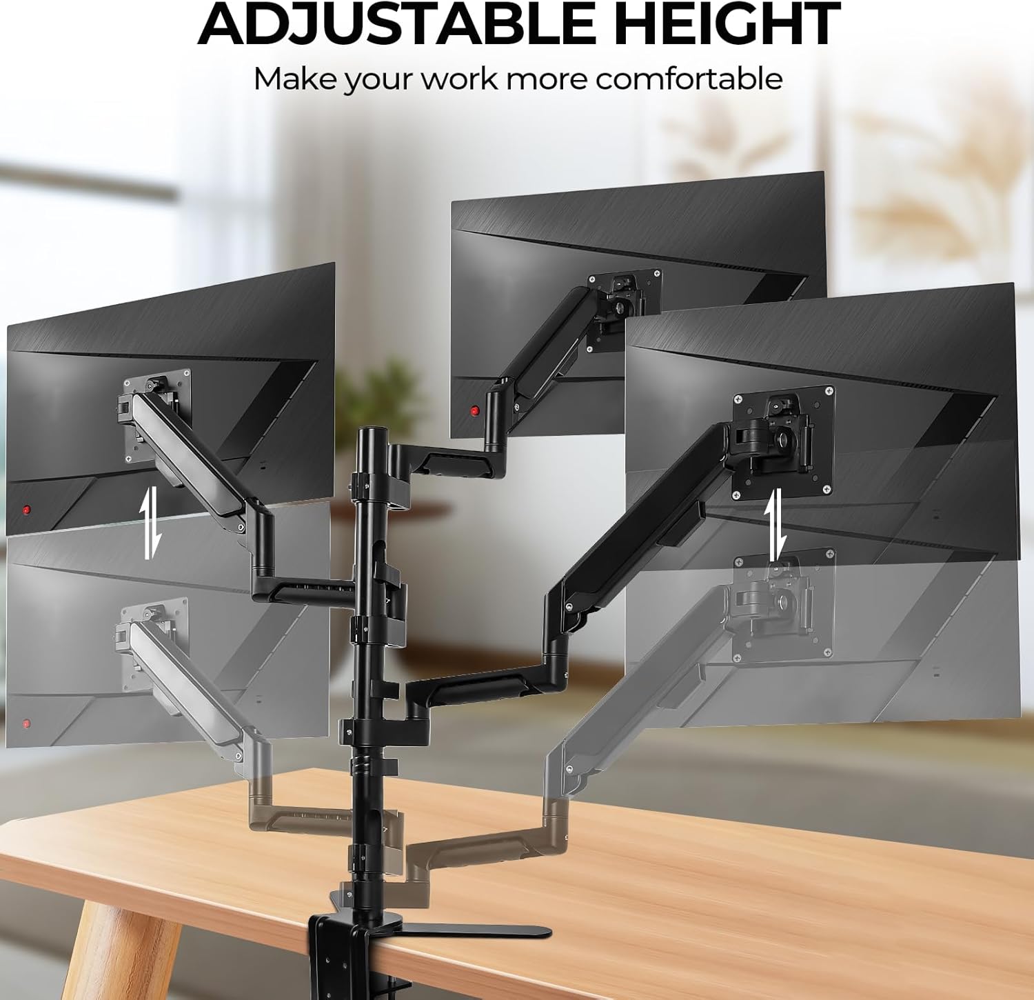 FAHKNS Monitor Mount for 3 Monitors， Adjustable 3 Monitor Desk Mount with Full Motion Articulating Arms,，Swivel & Clamp Functions，Ergonomic Desk Mount Compatible, Heavy Duty Clamp/Grommet Base