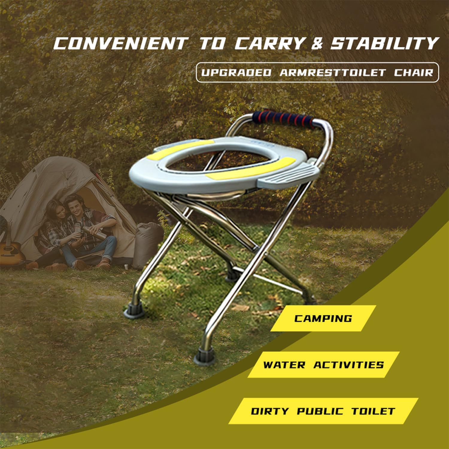 Temvue Outdoor Folding Commode Portable Toilet Seat, Stainless Steel Portable Potty Commode Chair, Perfect for Camping, Traveling, Hiking, Outdoor Living