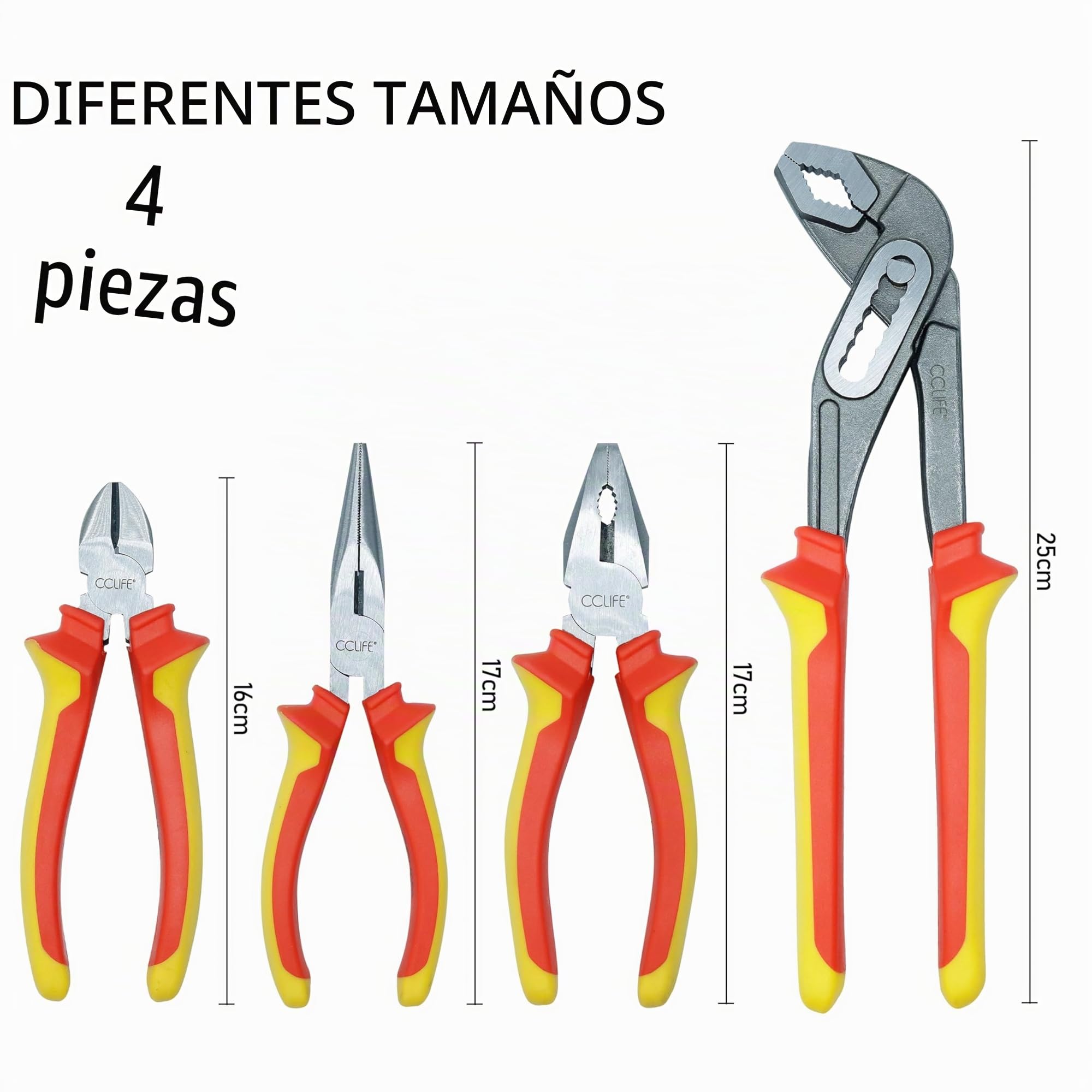 CCLIFE Juego de Alicates 4 Piezas,Set de herramientas con alicate universales-Tenaza Extensible de Pico loro-Alicates de Punta-Alicates de Corte Diagonal-Cromo Vanadio, Mango Softgrip
