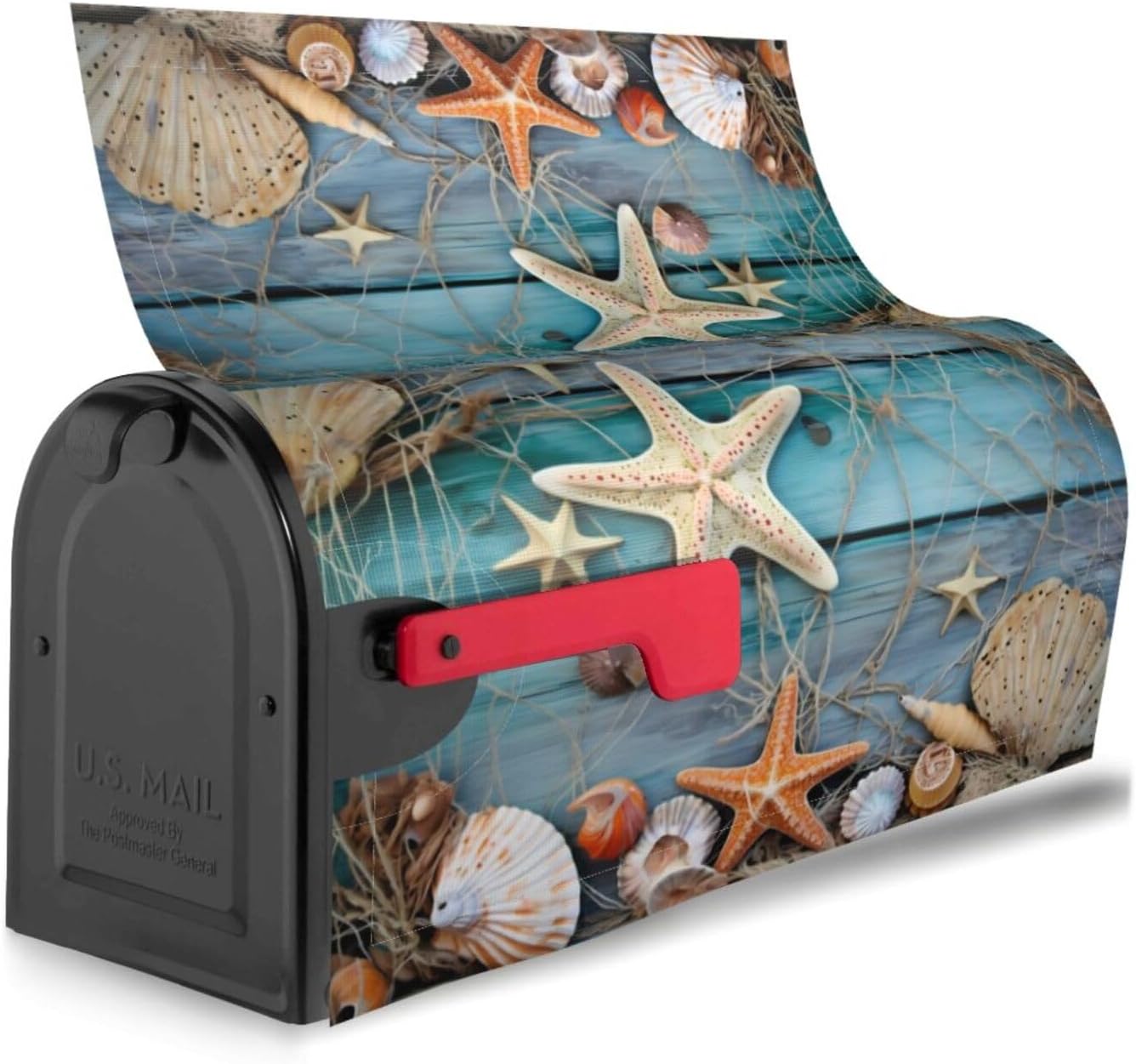 Beach Nautical Theme Tropical Style Mailbox Cover Shells Starfish Fishing Net Summer on Bule Wooden Letter Box Cover Magnetic Mail Wraps Post Garden Decorations 25.5x21 in