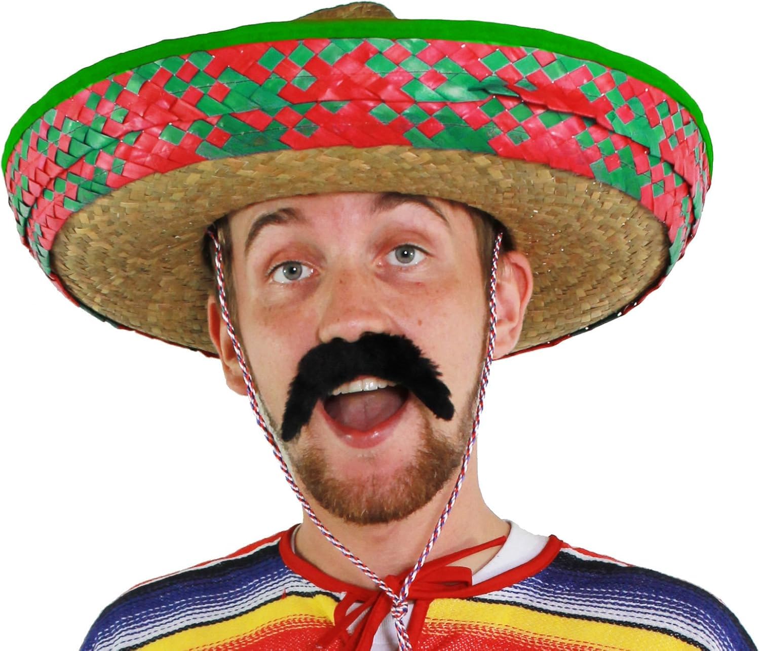 Adults Mexican Accessory Set - Pack of 24 - Green Embroidered Mexican Sombrero, Black Mexican Tash - Mexico Fiesta Cinco de Mayo Fancy Dress Costume