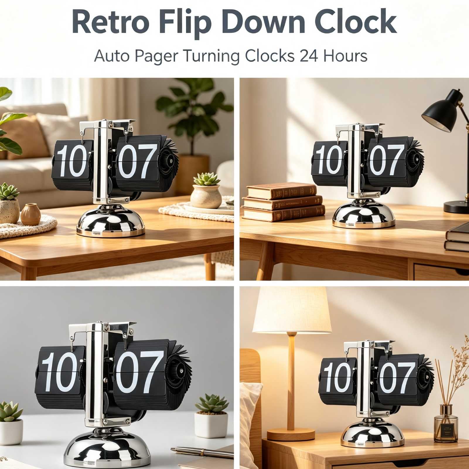 HERCHR Flip-Schreibtischuhr, Retro-Digital-Flip-Down-Uhr, Edelstahl Automatische Mechanische Uhr mit Großen Zahlen, Retro-Flip-Uhr, Batteriebetriebene Flippinguhr für Home & Office