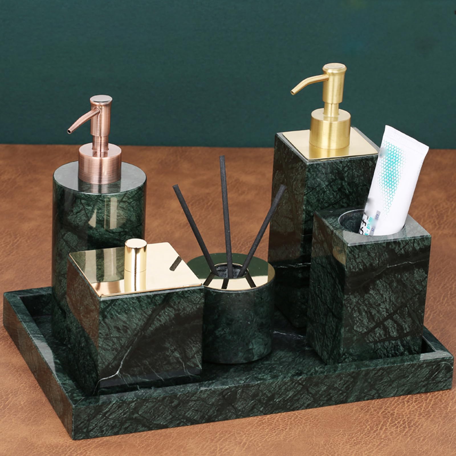 Distributeur de savon à main et vaisselle en marbre vert avec plateau, bouteilles d'aromathérapie, boîtes à dentifrice, distributeur de savon de cuisine, distributeur de liquide vaisselle avec pompe