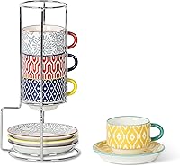 Vista 1 de Selamica Ceramic Espresso Cups with Saucers and Metal Stand, 2.5 OZ Stackable Demitasse Cups for Espresso Latte Café Mocha Tea, Set of 4, Assorted