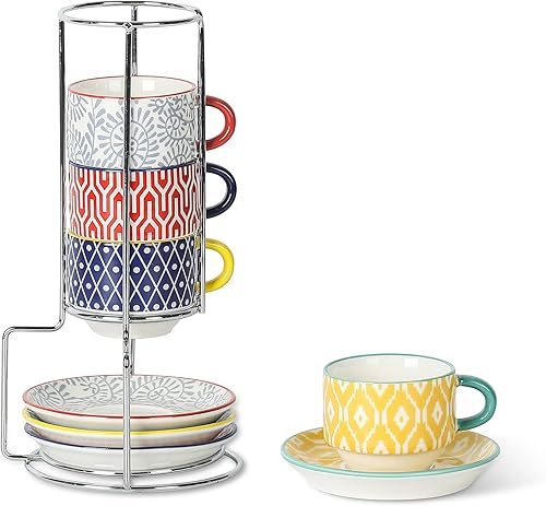 Selamica Tazas de café expreso de cerámica con platillos y soporte de metal, tazas apilables de capuchino de porcelana de 2.5 onzas, tazas Demitasse