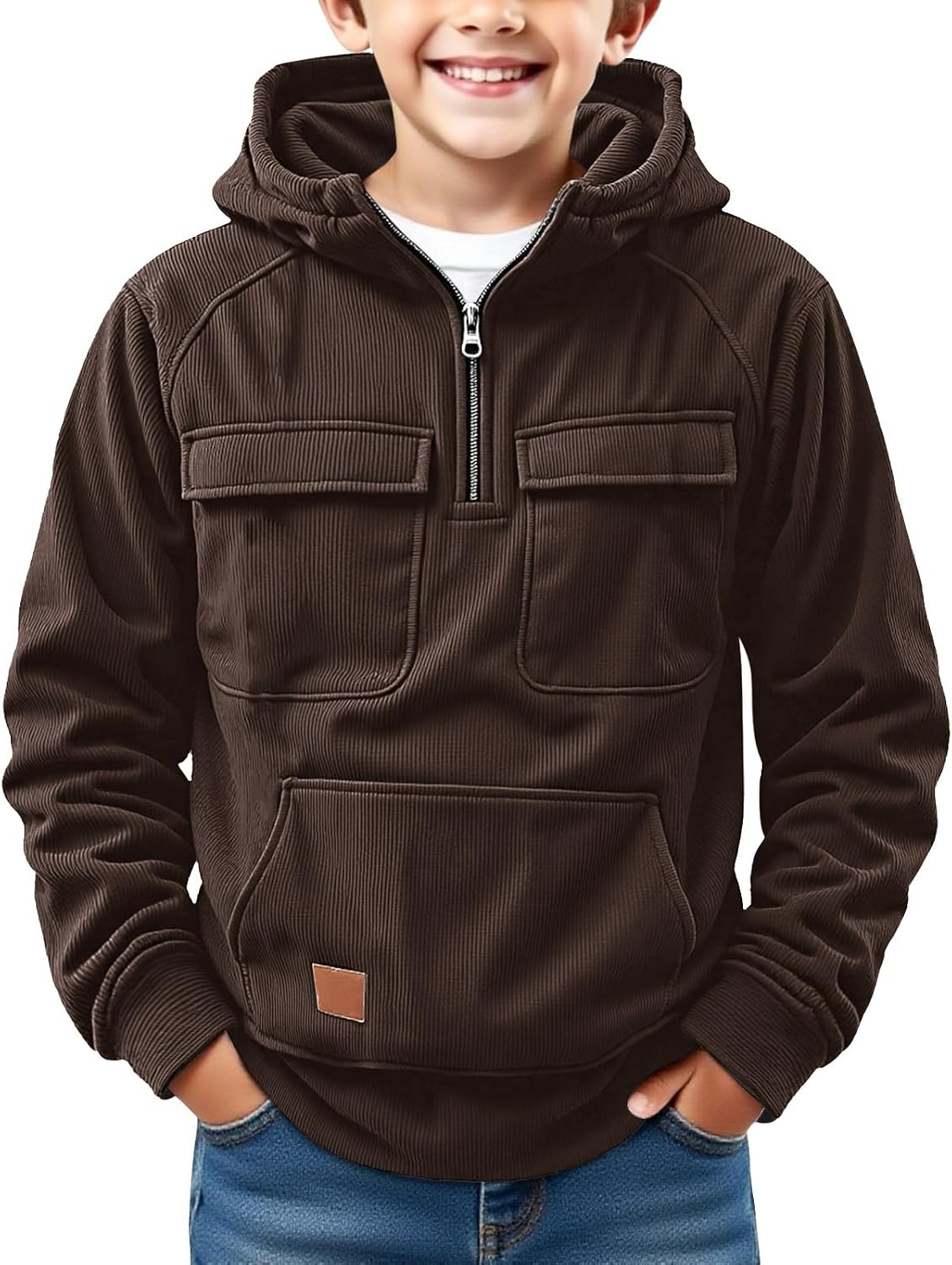 Boys Half Zip Hoodies Corduroy Sweatshirt with Multiple Pockets School Athletic Pullover Fall Winter Casual Comfy Tops
