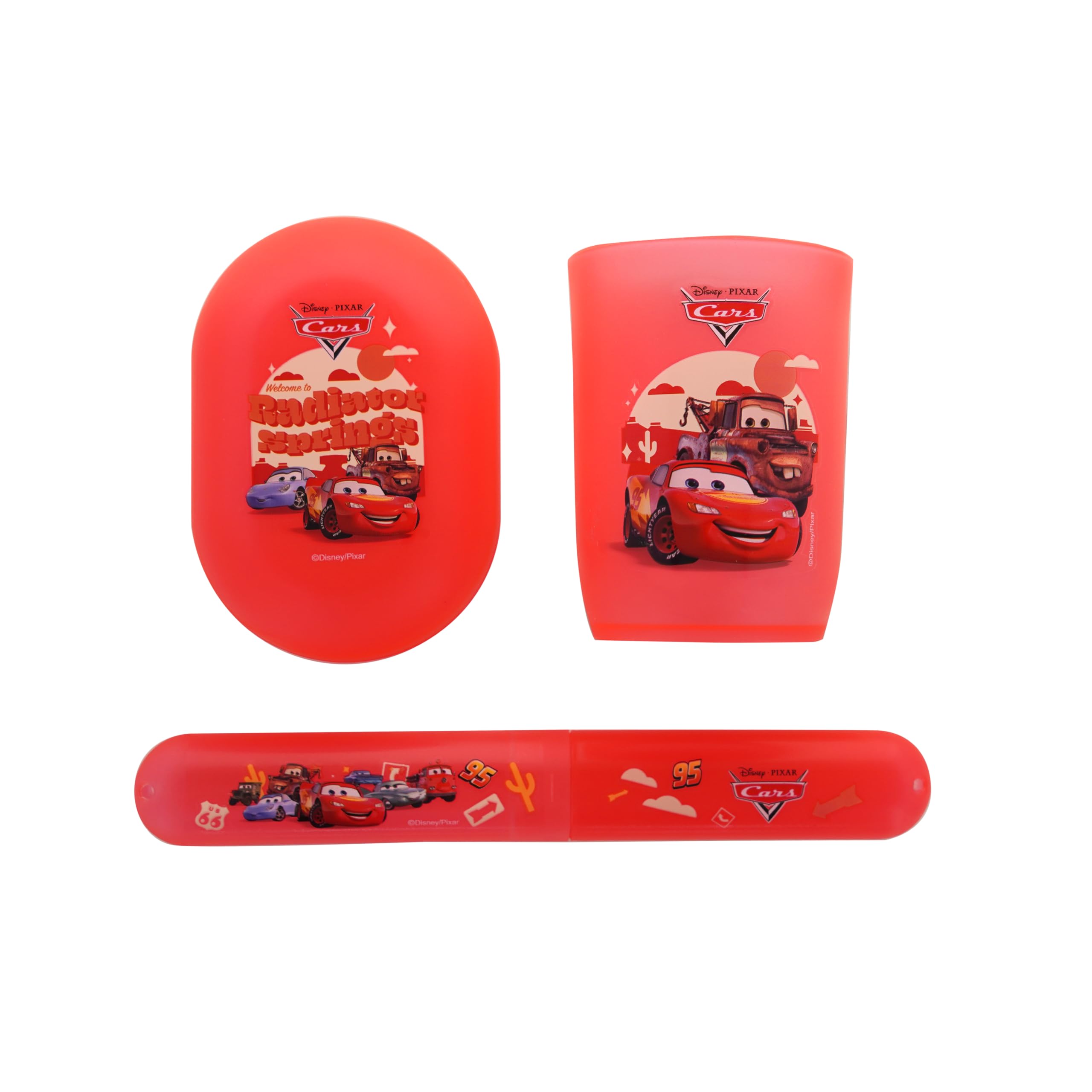 Disney Pixar - Trio Travel Cars - Flash McQueen - Kubek - Mydelniczka - Etui na szczoteczkę do zębów - Wytrzymały plastik - Higiena Dzieci - Oficjalny produkt