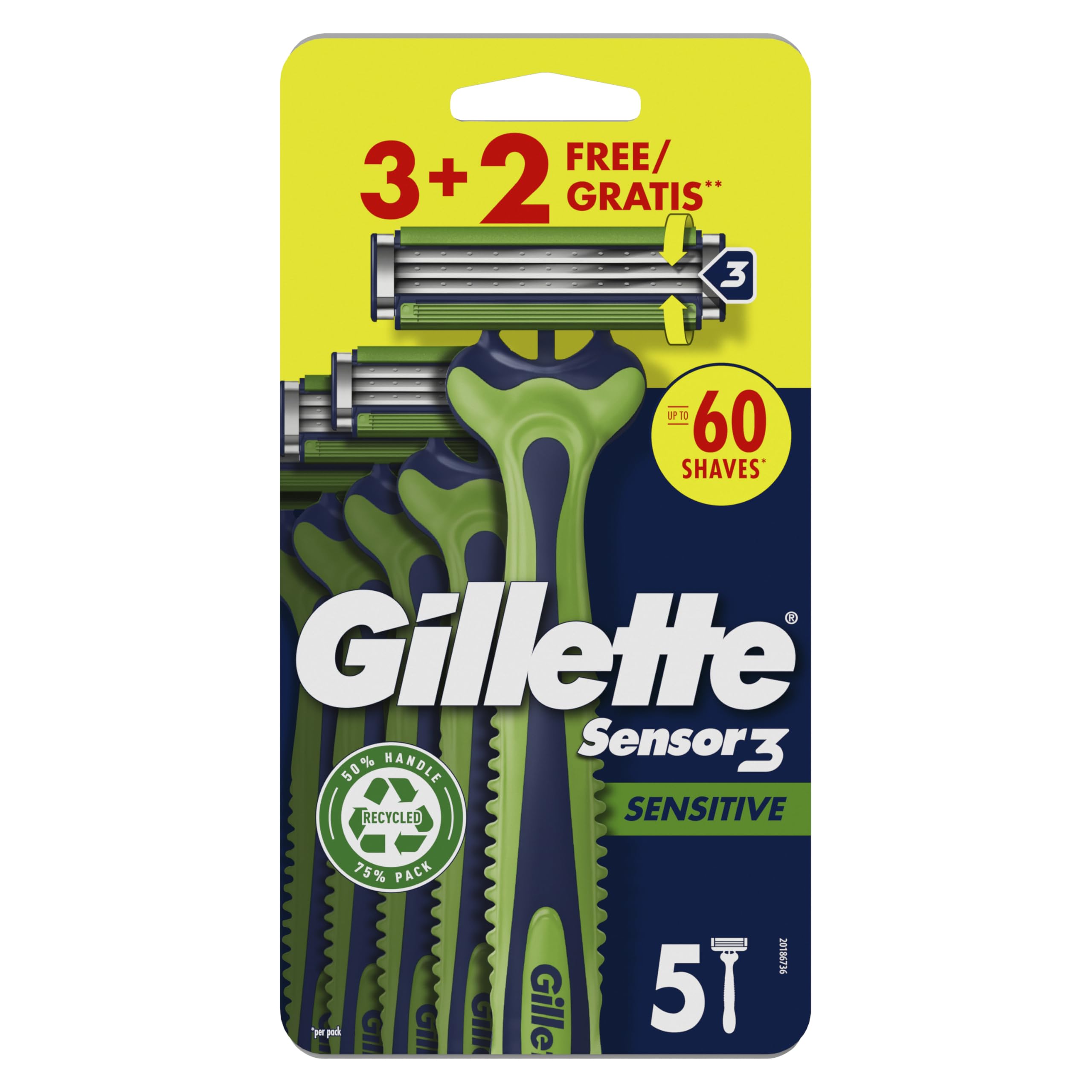 Gillette Sensor3 Sensitive Rasoio Uomo Usa e Getta, Confezione da 3+2 Rasoi, Fino a 10 Rasature Ottimali con Ogni Singolo Rasoio
