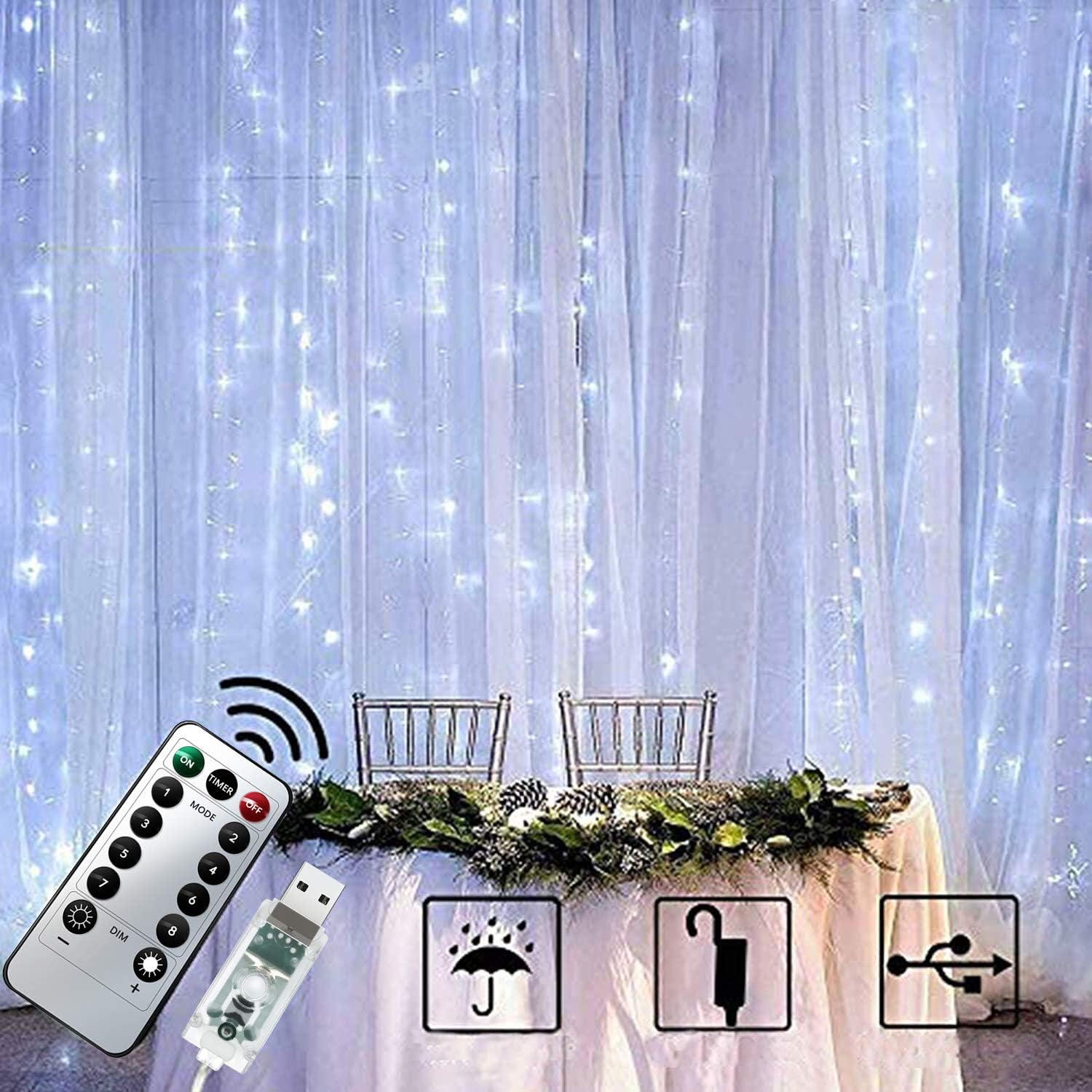 Chipark 300 LED Curtain Lights, 3mx3m USB Window Fairy String Lights with 8 Modes Remote Control Timer Waterproof Silver Light for Outdoor Indoor Wedding Party Garden Bedroom Decoration(Cool White)