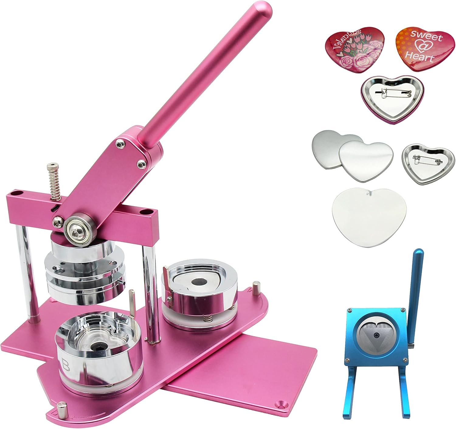 ChiButtons (KIT) Heart 53x57.5mm Pro Badge Machine Button Maker-B400 + Mould + 100 Parts + Blue Stand Cutter Metric System (Silver)