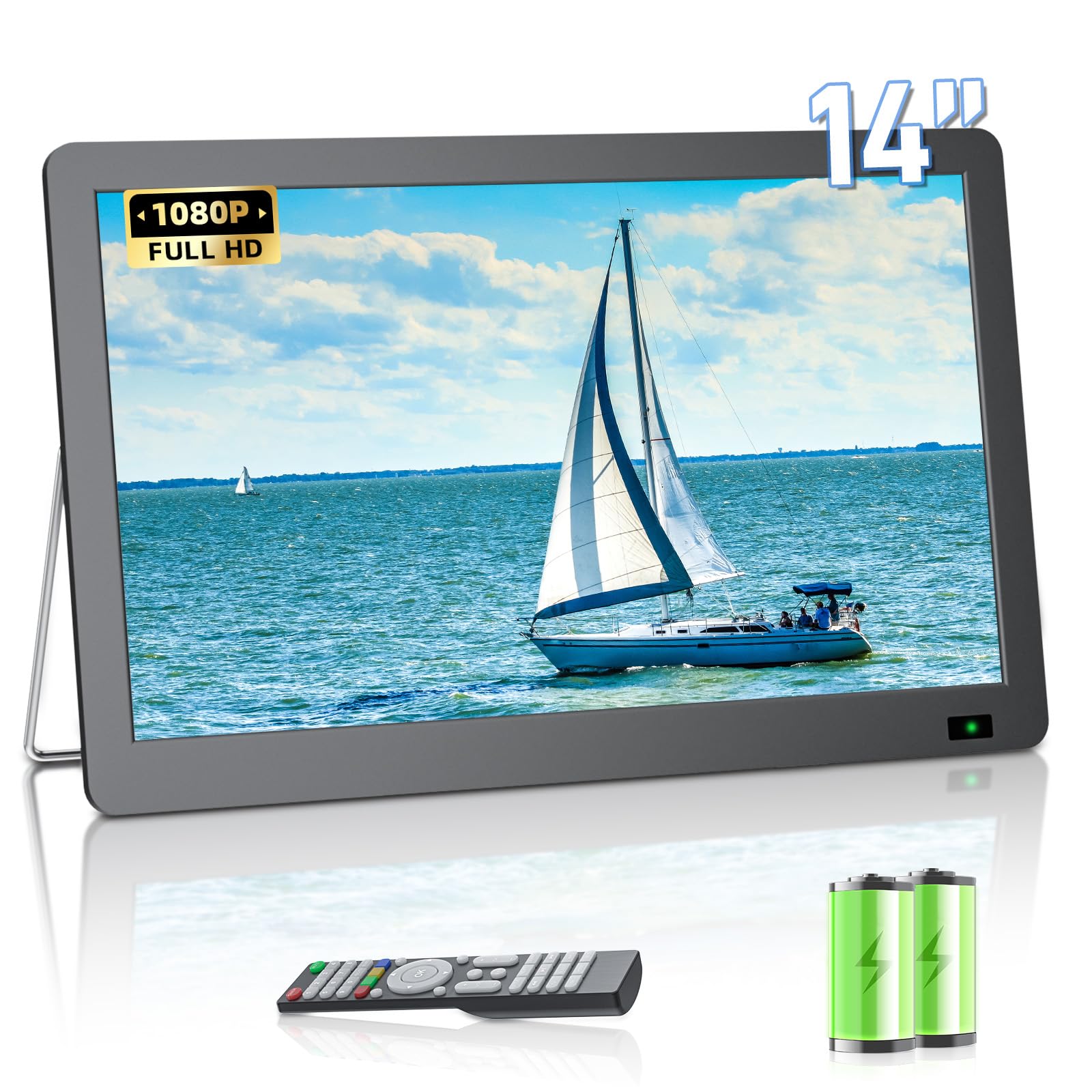 Desobry Televisor portátil de 14,3 Pulgadas con Antena, Pequeño televisor portátil con sintonizador DVB-T2, Mini televisor LCD Que se Carga con Pilas