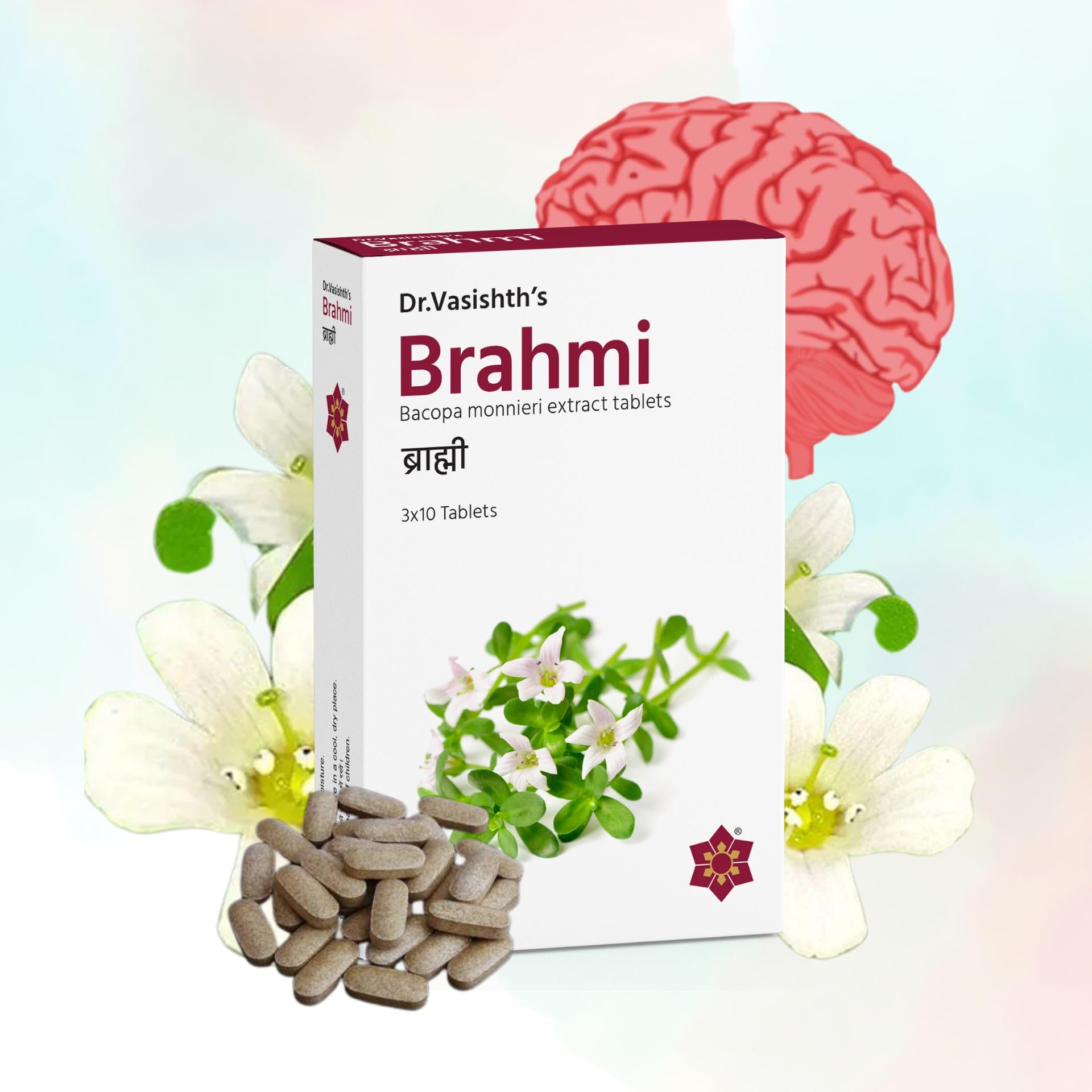 Dr.Vasishth's Brahmi Tablets | Helps Reduces Stress | Supports Relaxation | 30 Tablets Per Pack | 100% Ayurvedic