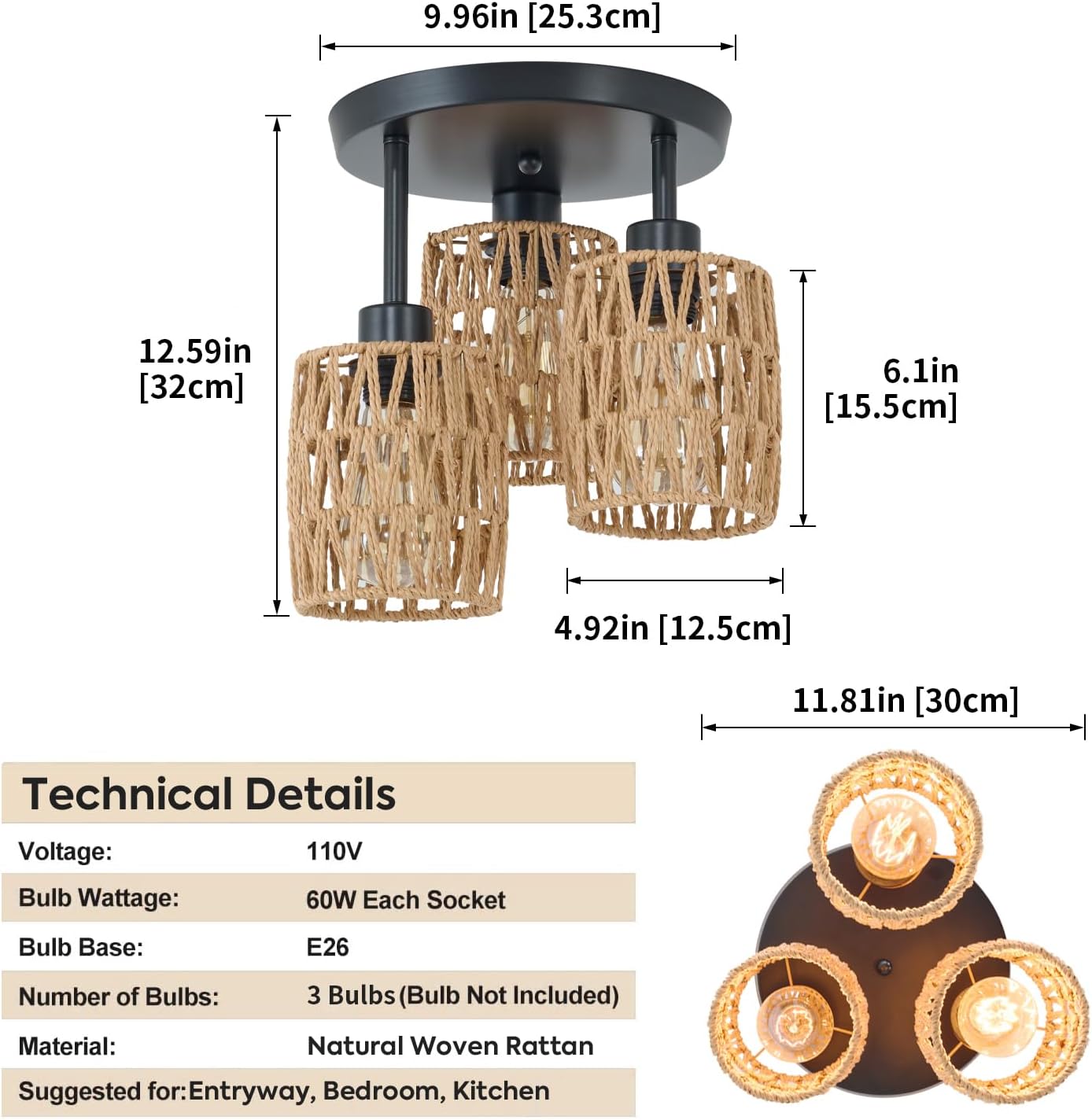 3-Lights Woven Rattan Ceiling Light Fixture,Farmhouse Hand-Woven Cage Semi Flush Mount Light, Boho Coastal Natural Basket Close to Ceiling Light for Bedroom Hallway Corridor Nursery