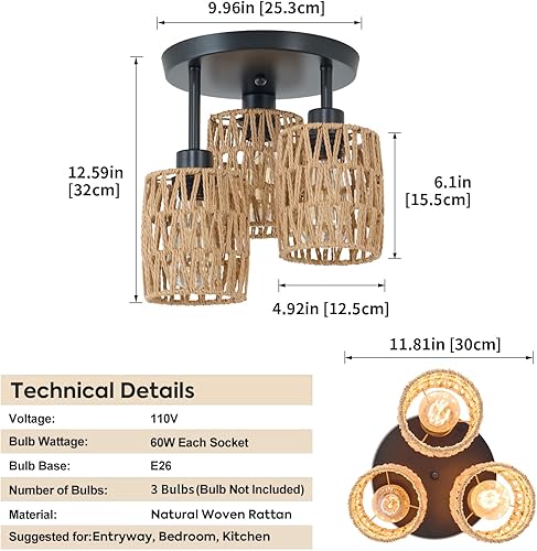 Miniatura 4 de Lámpara de techo de ratán tejida de 3 luces, luz de montaje semiempotrada tejida a mano, cesta natural costera bohemia cerca del techo, para