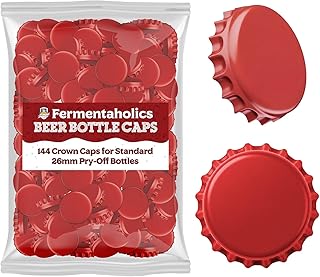 Fermentaholics Red Beer Bottle Caps - 144 Count Oxygen Absorbing Bottle Lids – 26mm Crown Caps for Homebrewing Beer, Cider, Soda, DIY Crafts and more – Fits Standard American Pry-Off Bottles