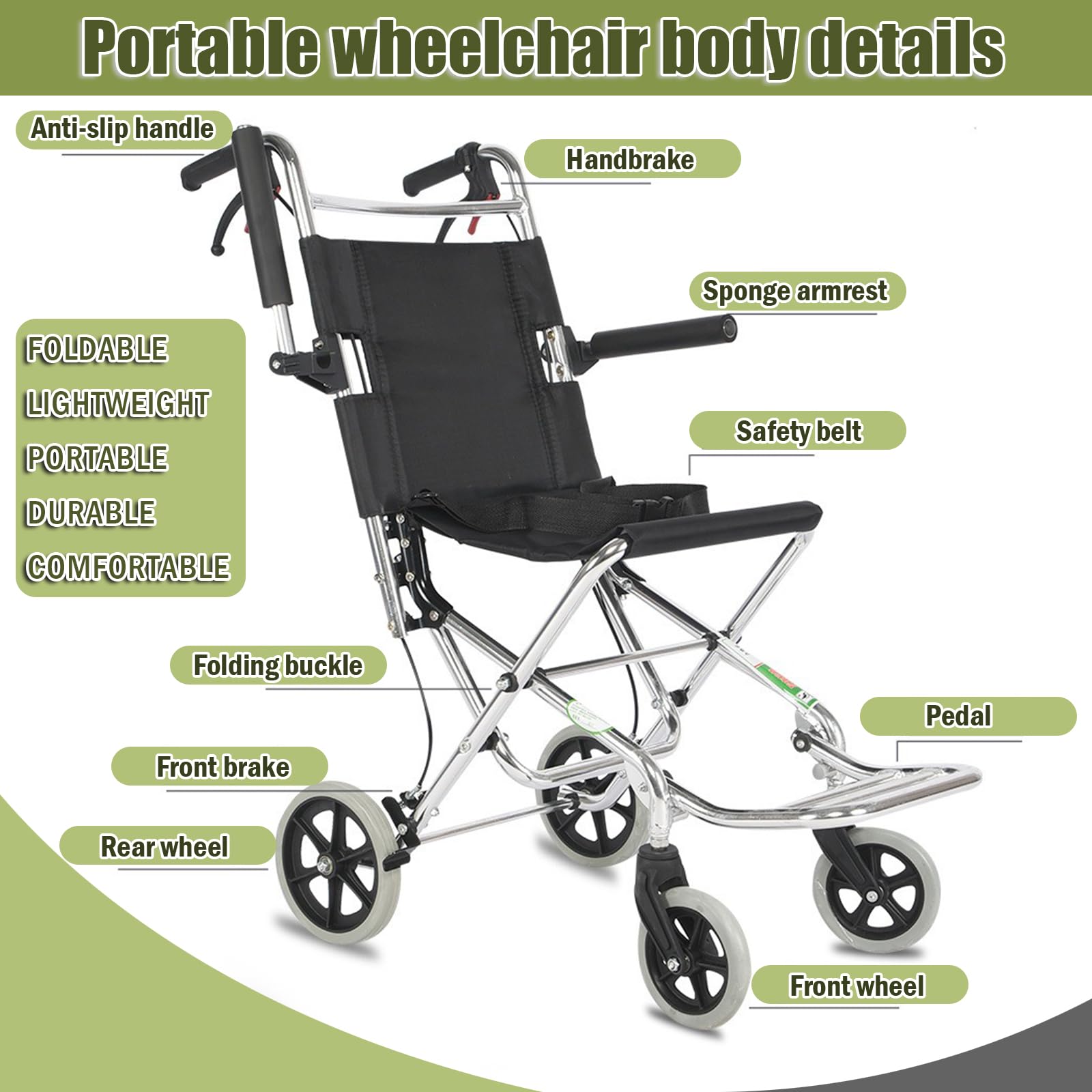 Silla de ruedas portátil de tránsito, sillas de ruedas de transporte plegables para adultos y personas mayores, silla de ruedas de aluminio ligera para ancianos,Negro