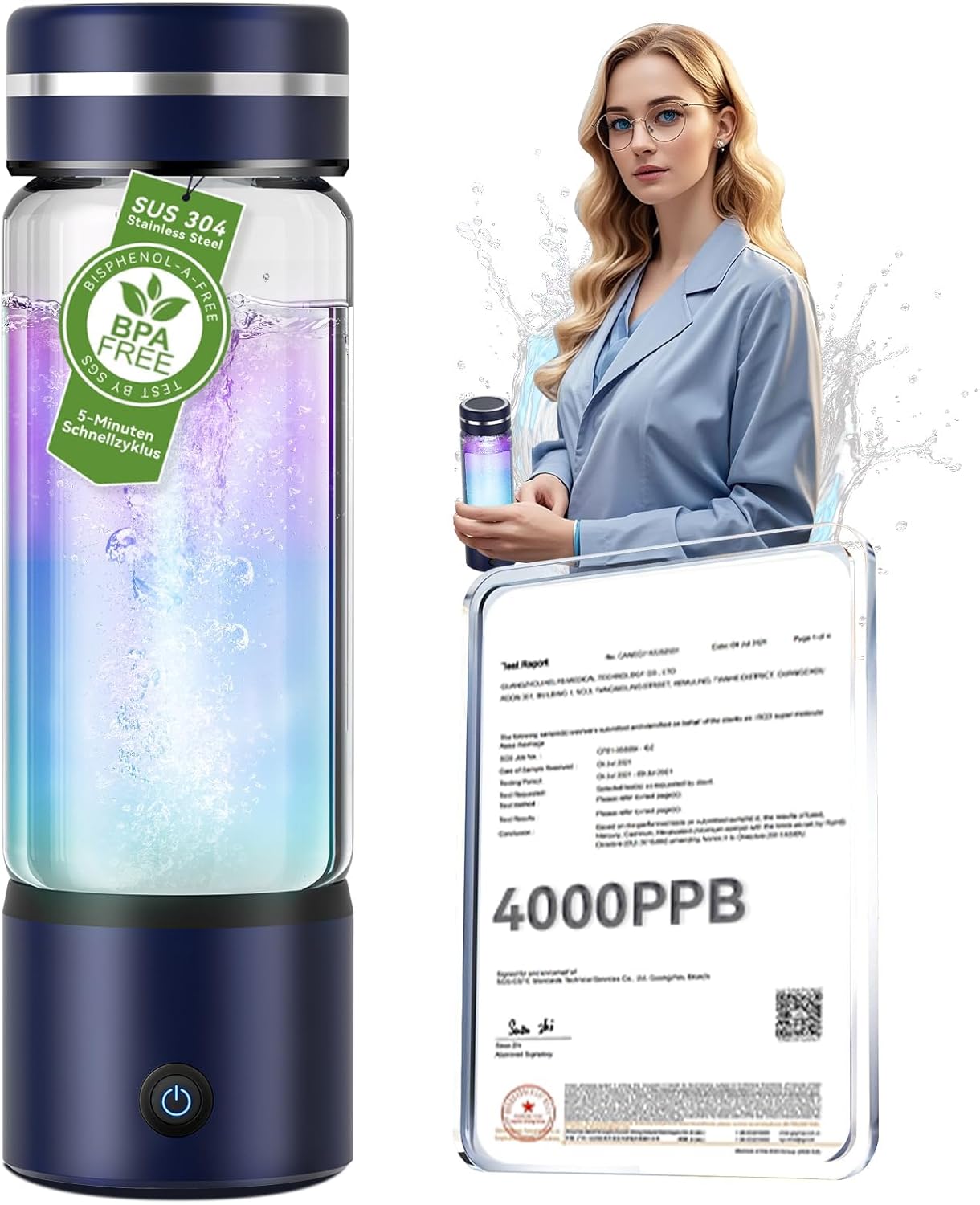 5.0 Upgrade 4000PPB High Concentration Hydrogen Water Bottle Generator【NO.1-24-Hour Hydrogen Lock】 SPE PEM Technology, Double Hydrogen Content & High Borosilicate Glass for Post-Workout Recovery