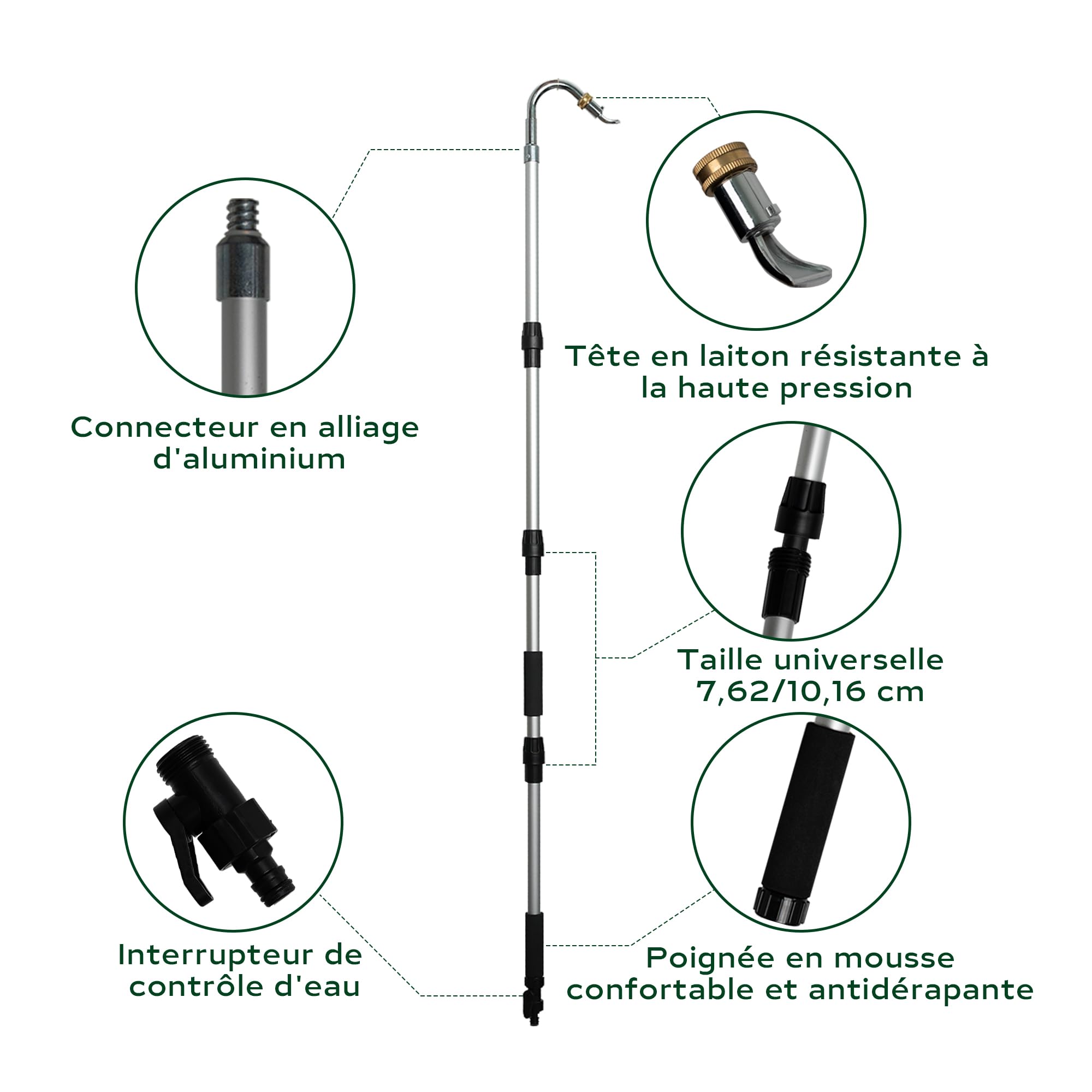 Diivoo Nettoyeur de Gouttières, Accessoire Pour Nettoyeur Haute Pression, Perche Nettoyage Toiture Avec Tige Courbée en Aluminium et Tête Pivotante en Iaiton, Pour Nettoyer les Gouttières de Toit