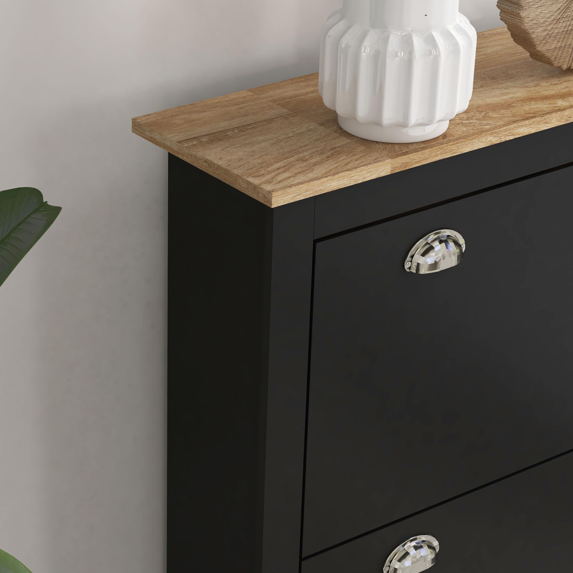 HOMCOM Meuble à Chaussures 12 Paires Étroite 79x23x90,5 cm Noir et Chêne | Armoire à Chaussures, 2 Tiroirs Rabattables, Étagères Réglables, Poignées Coquilles Métal, pour Couloir, Entrée