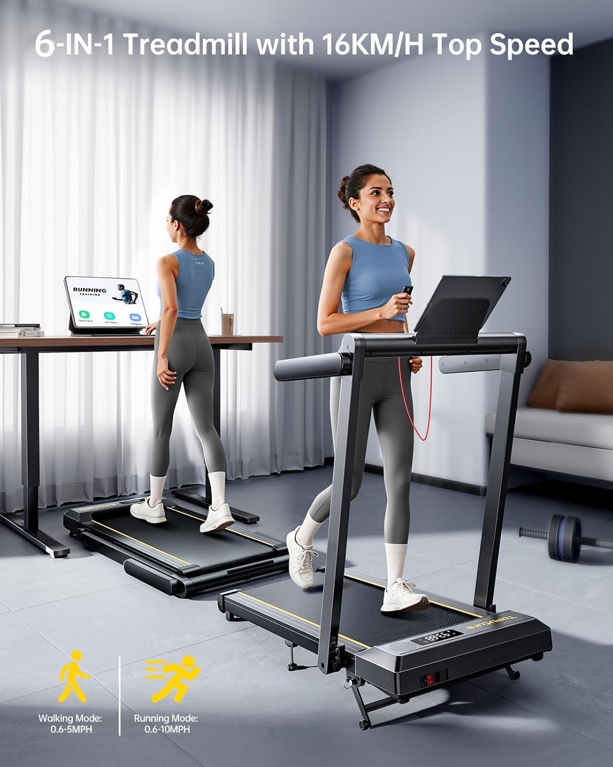 Cinta de Correr Plegable, 6 en 1 Cinta de Correr con Frecuencia Cardíaca | 1%-6%-12% Inclinación, 16KM/H, Dual Pantalla, Bocina Bluetooth, App, Cinta de Andar para Hogar/Oficina