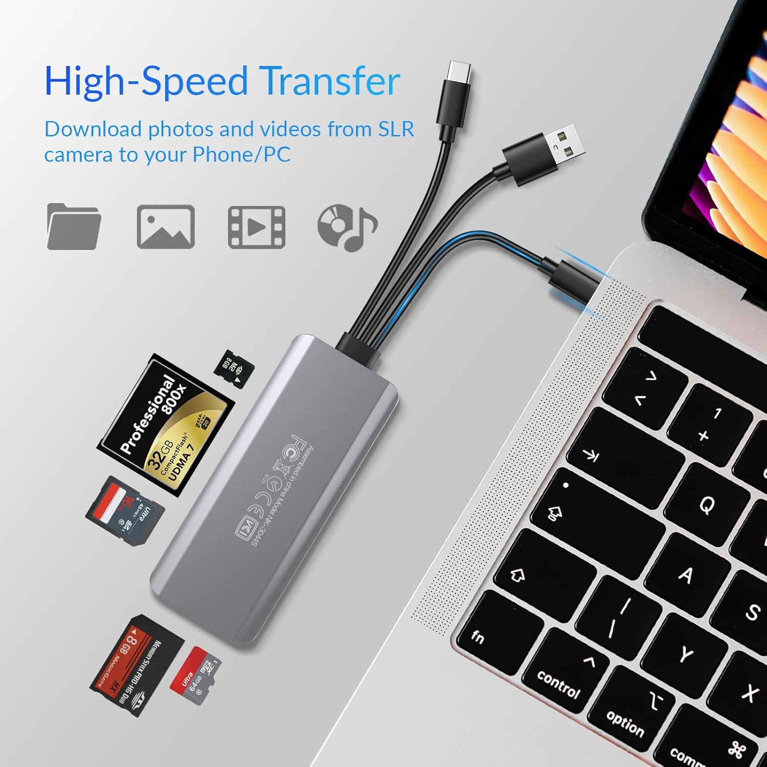 5-in-1 Multi Memory Card Reader,Aluminum SD/TF/CF/MS/M2/Cfast/Memory Stick Pro Duo/Micro SD Card Reader Adapter for i-Phone/i-Pad USB C and USB A Devices,No Application Required Plug and Play - Image 4