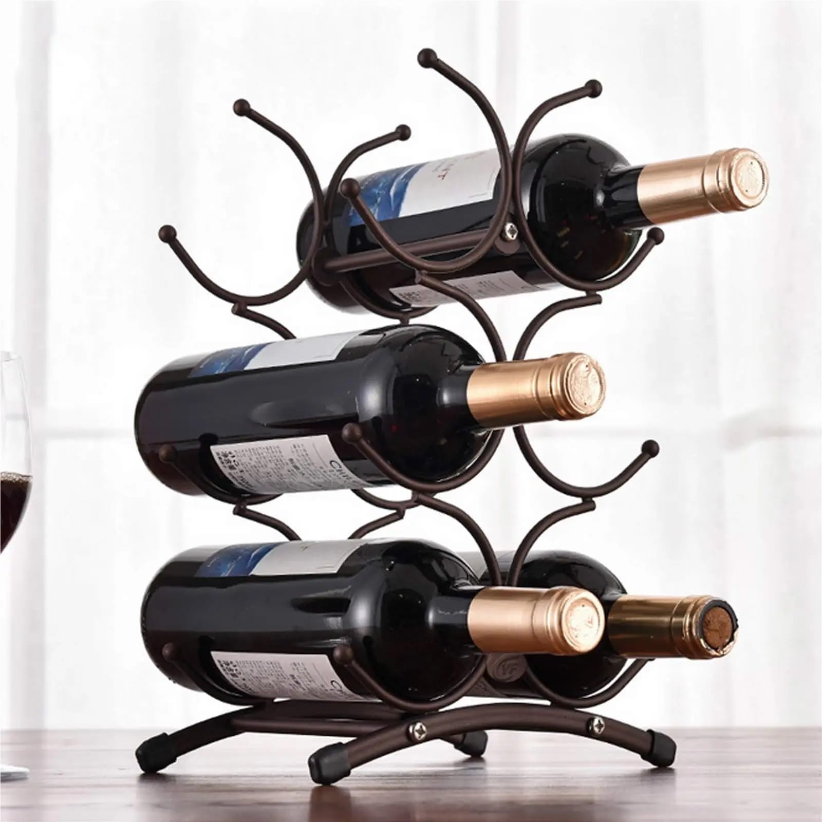 weinregal Modernes tragbares Weinregal aus Metall, Weinflaschenaufbewahrung, Aufbewahrungsständer, Stativ, Tisch-Weinregal, 6 Flaschen, Weinhalter, Display(Wooden)