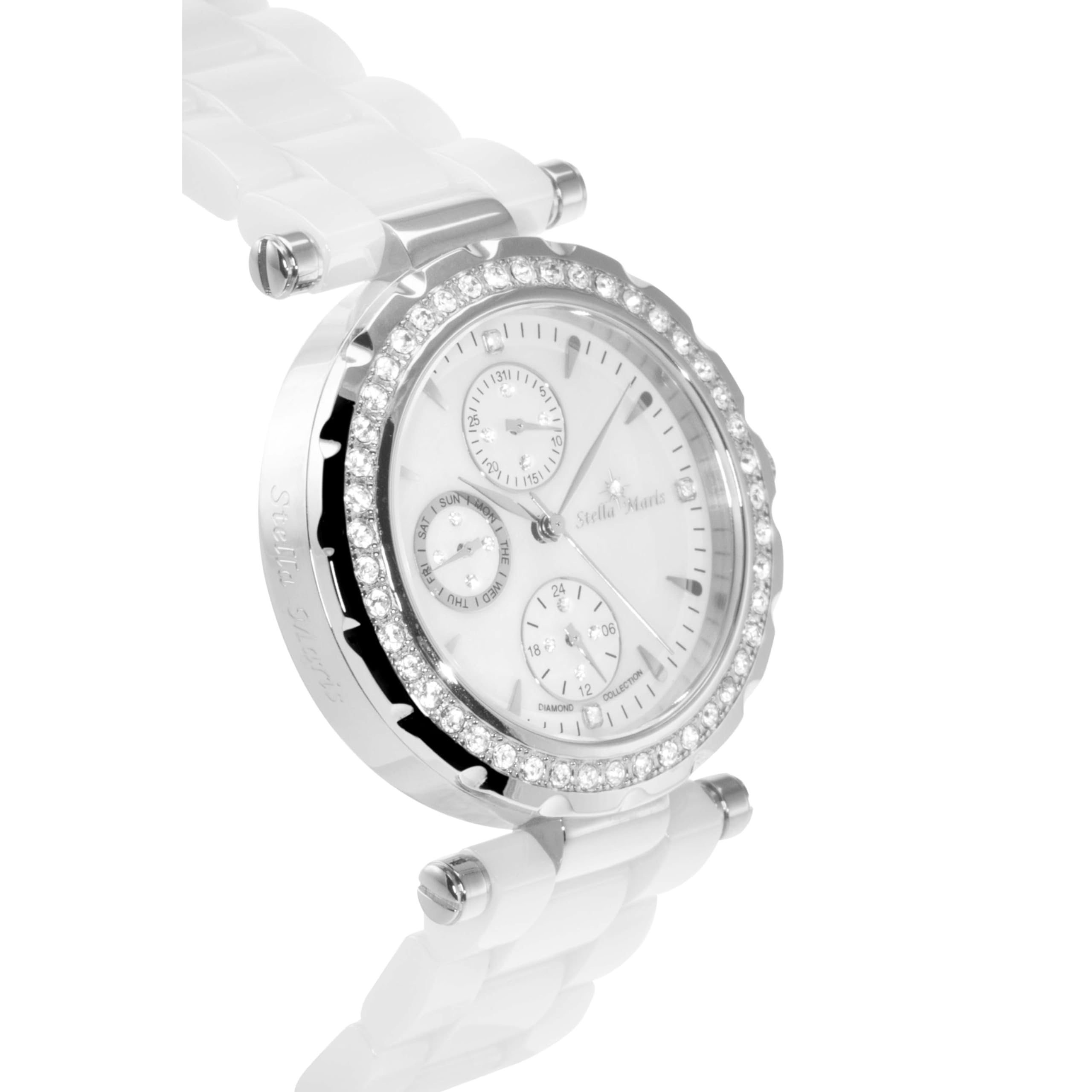 Stella Maris Damen Armbanduhr Analog Quarz Uhr Stilvolle Elegante Damenuhr Frauenuhr Weiß Silber Premium Keramik Armband Diamanten Swarovski STM15R1