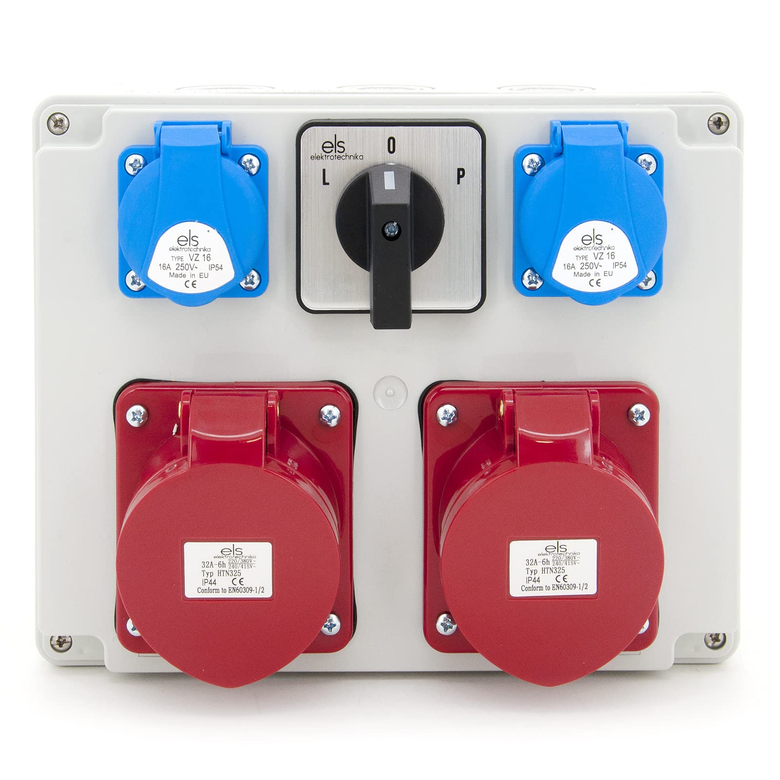 ELS Elektrotechnika Bouwstroomverdeler, stekkerverdeler, wandverdeler met schakelaar 0-1 en 1 x CEE 32 A & Schuko-stopcontact, 1 x 230 V, IP 44, bedraad, klaar voor aansluiting, werkplaats en garage