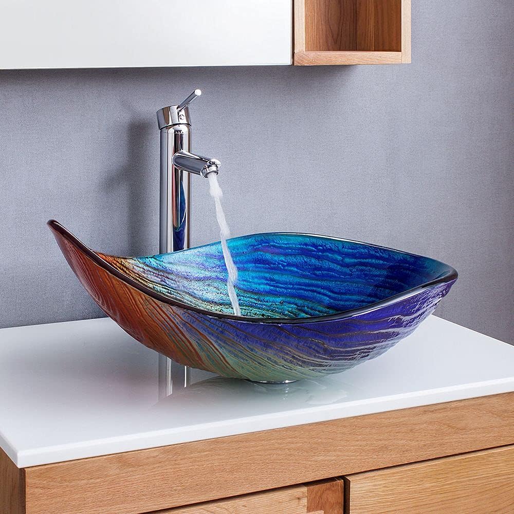 Lovedima Tempered Glass Vessel Sink,Multicolor Teardrop-Shaped Bathroom Vanity Wash Sink Above Counter
